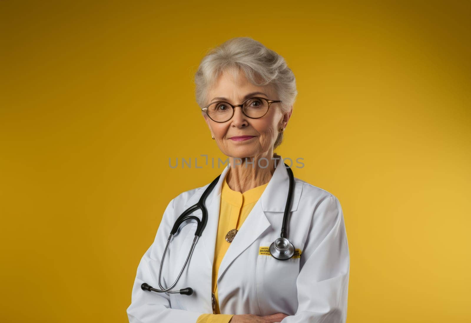 A modern senior doctor, isolated against a vibrant yellow background, radiates confidence and professionalism through her warm smile, symbolizing the self-assured expertise and positive demeanor of experienced healthcare practitioners.Generated image.