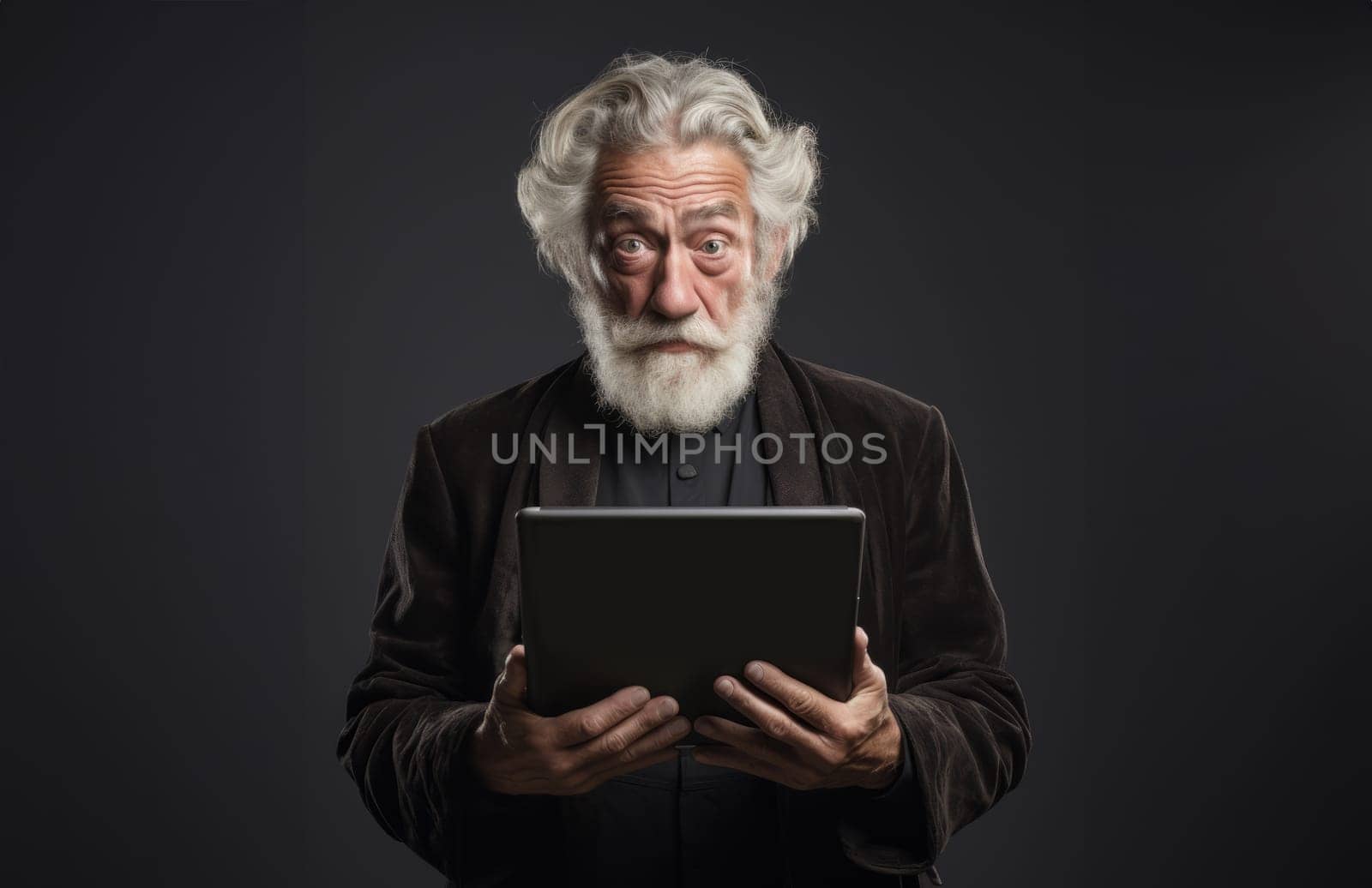 Elderly man with a beard engages with modern technology, using a tablet against a black backdrop, symbolizing the intersection of age and digital connectivity in the contemporary era.Generated image.