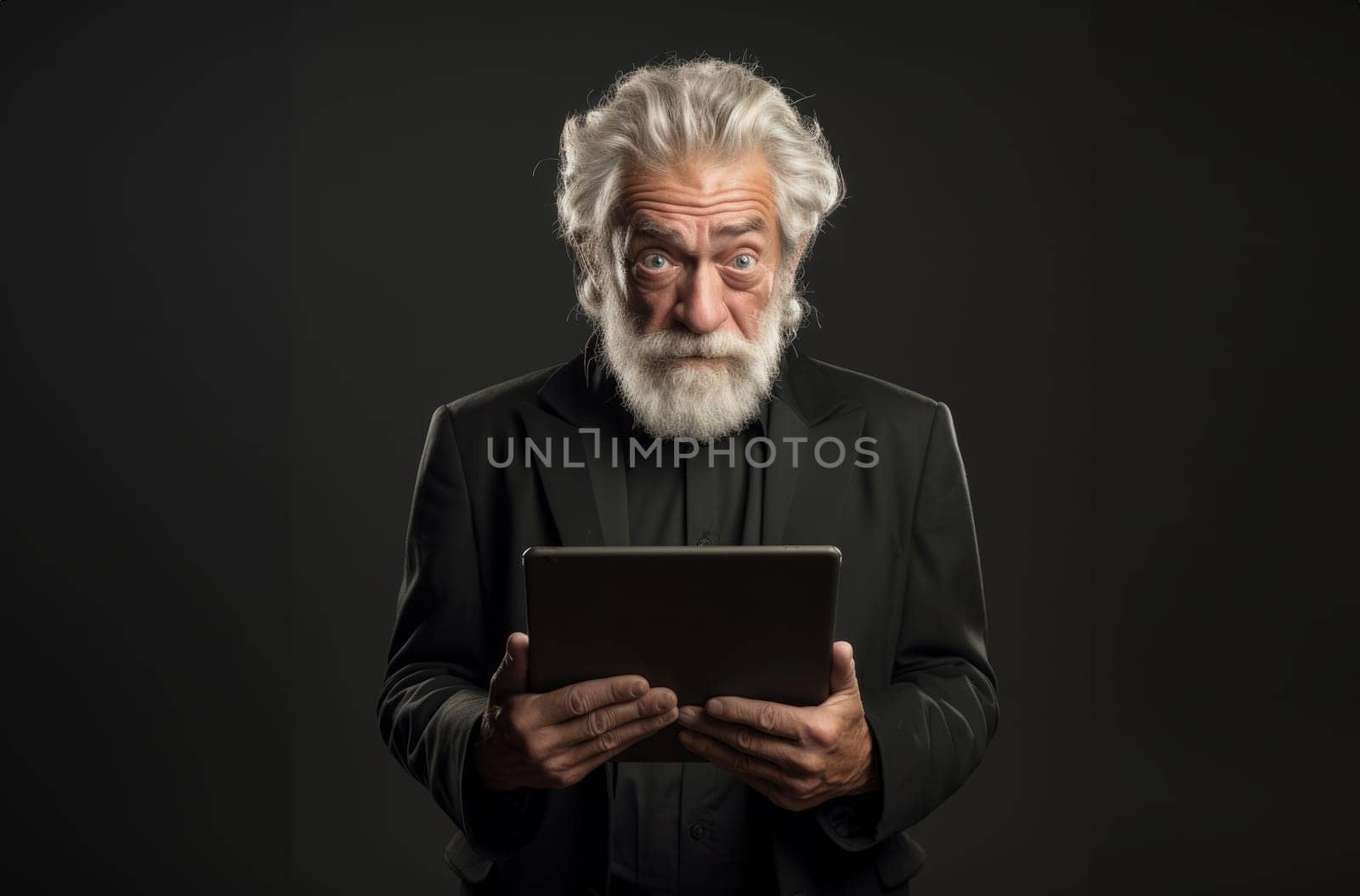 Elderly man with a beard engages with modern technology, using a tablet against a black backdrop, symbolizing the intersection of age and digital connectivity in the contemporary era.Generated image.