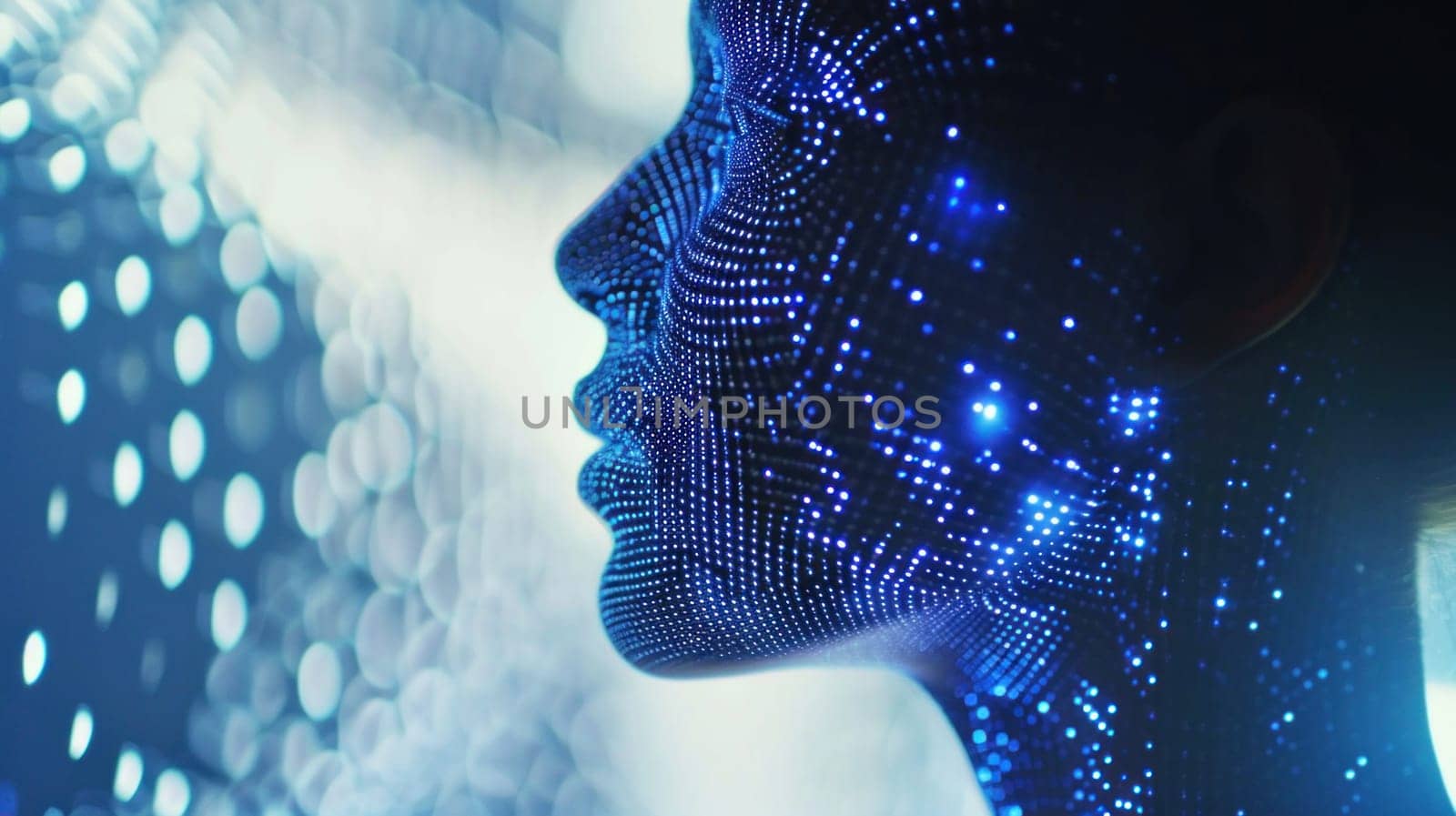 Futuristic hologram human profile. Created using AI generated technology and image editing software.