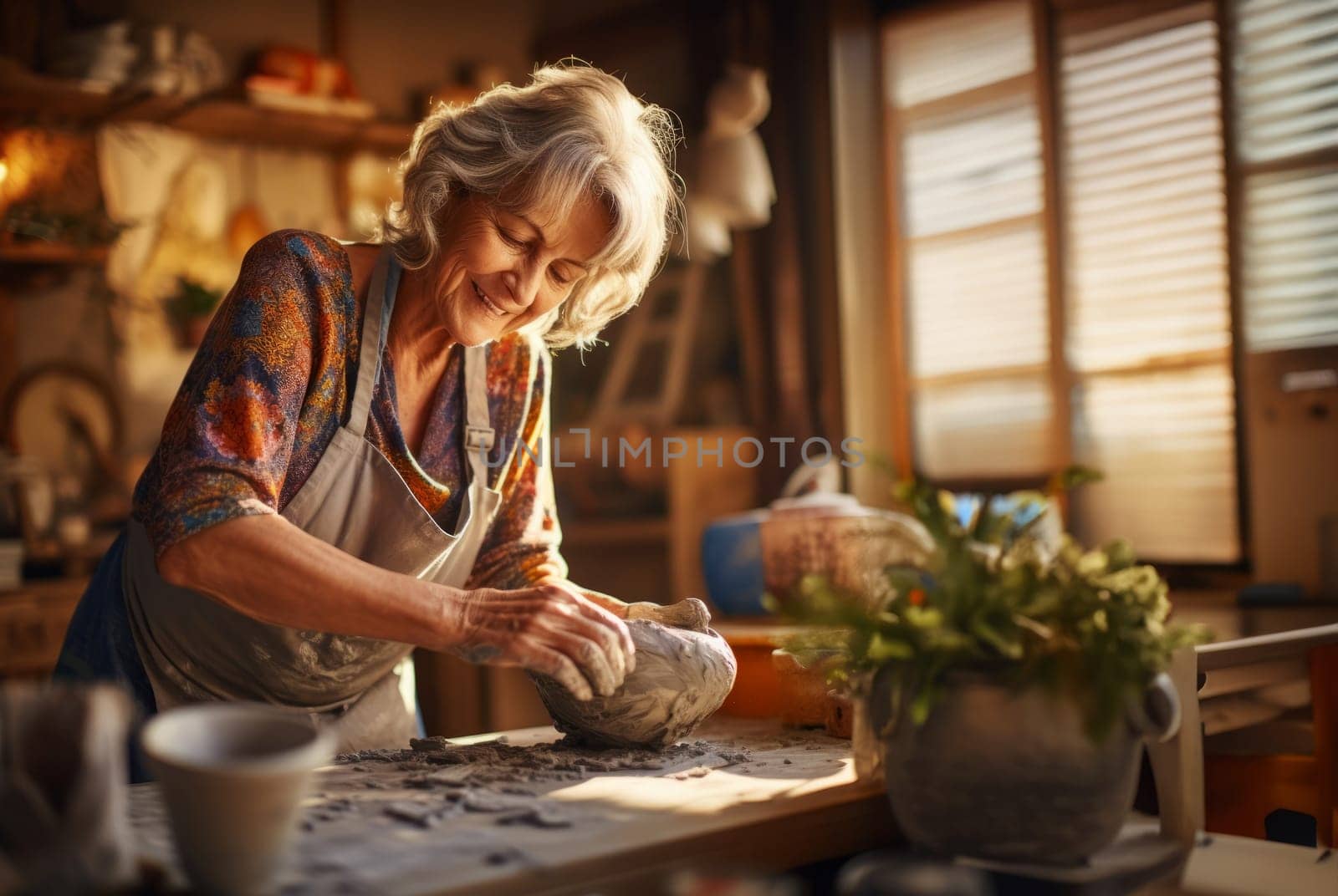 Elderly woman masterfully practices the ancient craft of pottery, molding glistening clay into exquisite creations in her traditional workshop, embodying the timeless artistry of handmade ceramics.