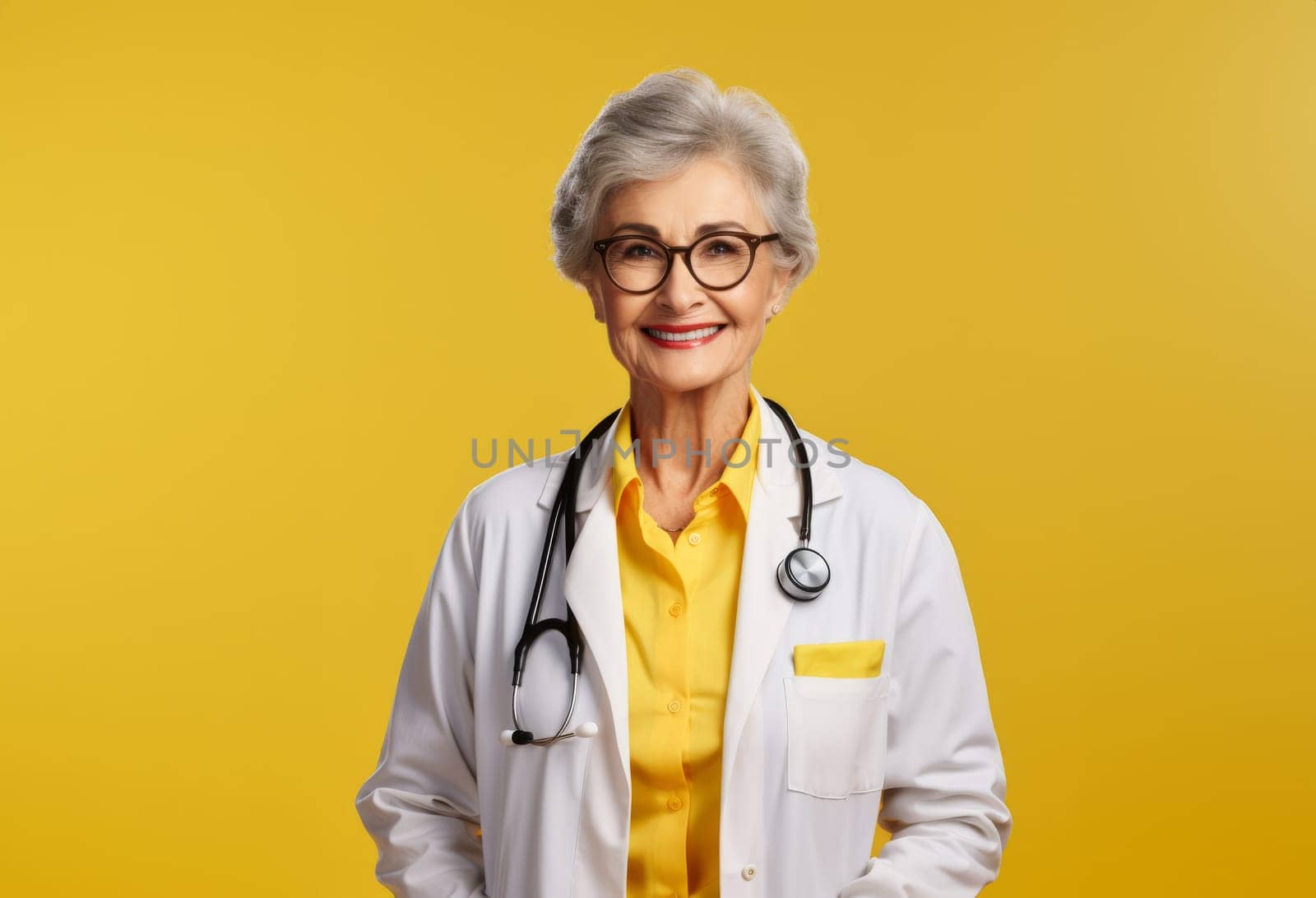 A modern senior doctor, isolated against a vibrant yellow background, radiates confidence and professionalism through her warm smile, symbolizing the self-assured expertise and positive demeanor of experienced healthcare practitioners.Generated image.