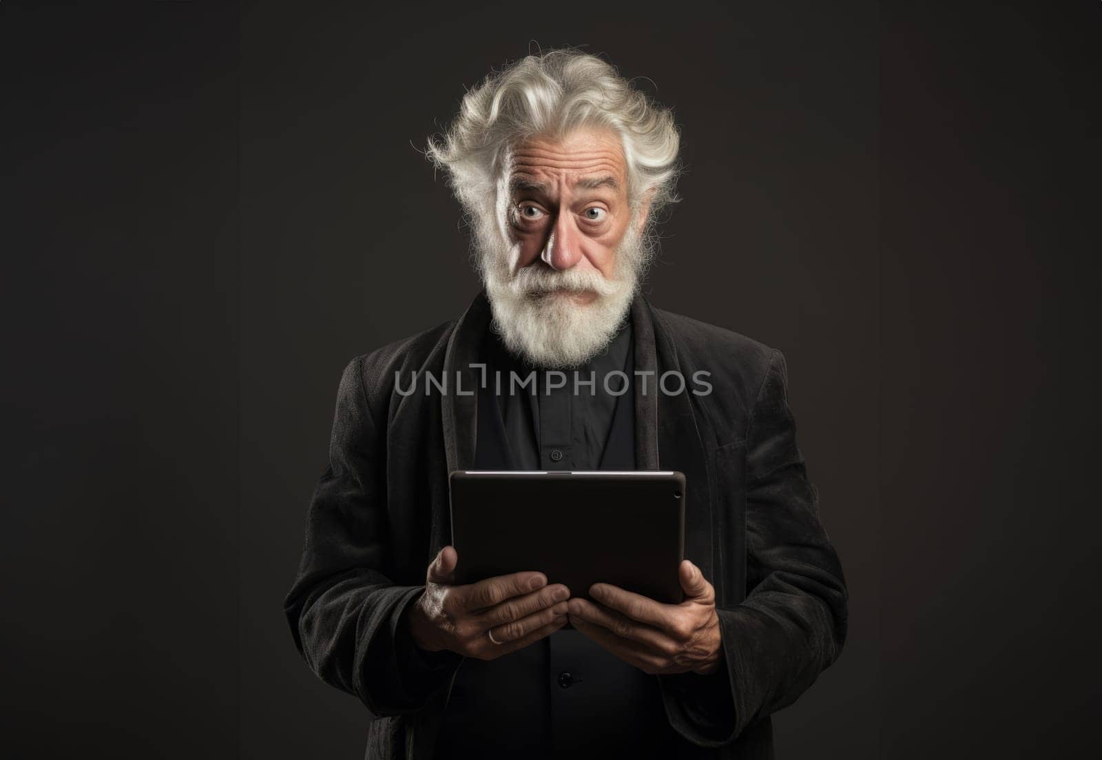 Elderly man with a beard engages with modern technology, using a tablet against a black backdrop, symbolizing the intersection of age and digital connectivity in the contemporary era.Generated image.
