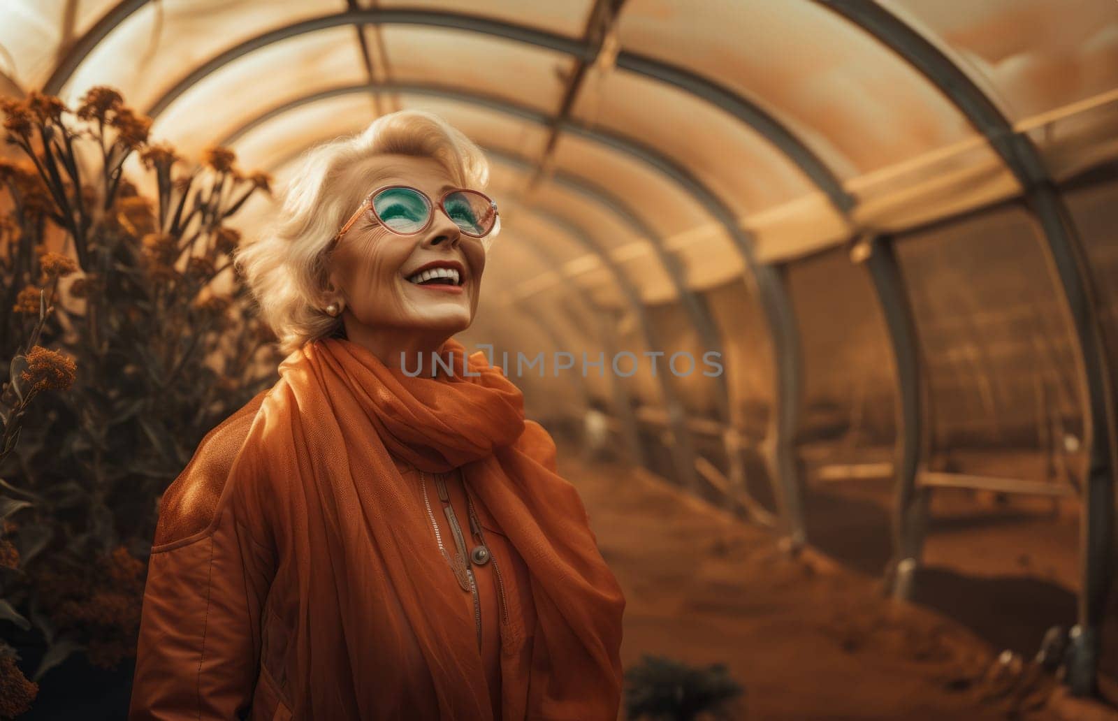 A cheerful elderly woman breathes life into primitive organisms in a green room on Mars, showcasing the joy and vibrancy of extraterrestrial horticulture and the exploration of new frontiers.Generated image.