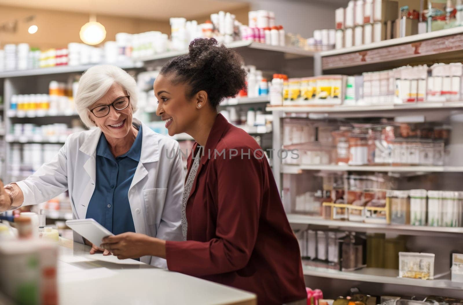 A pharmacist provides valuable assistance to an elderly woman in a modern pharmacy, offering guidance and support in selecting medications, ensuring a personalized and caring approach to healthcare.Generated image.