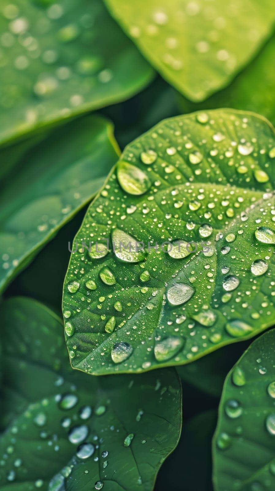 Morning dew on fresh leaves. Created using AI generated technology and image editing software.