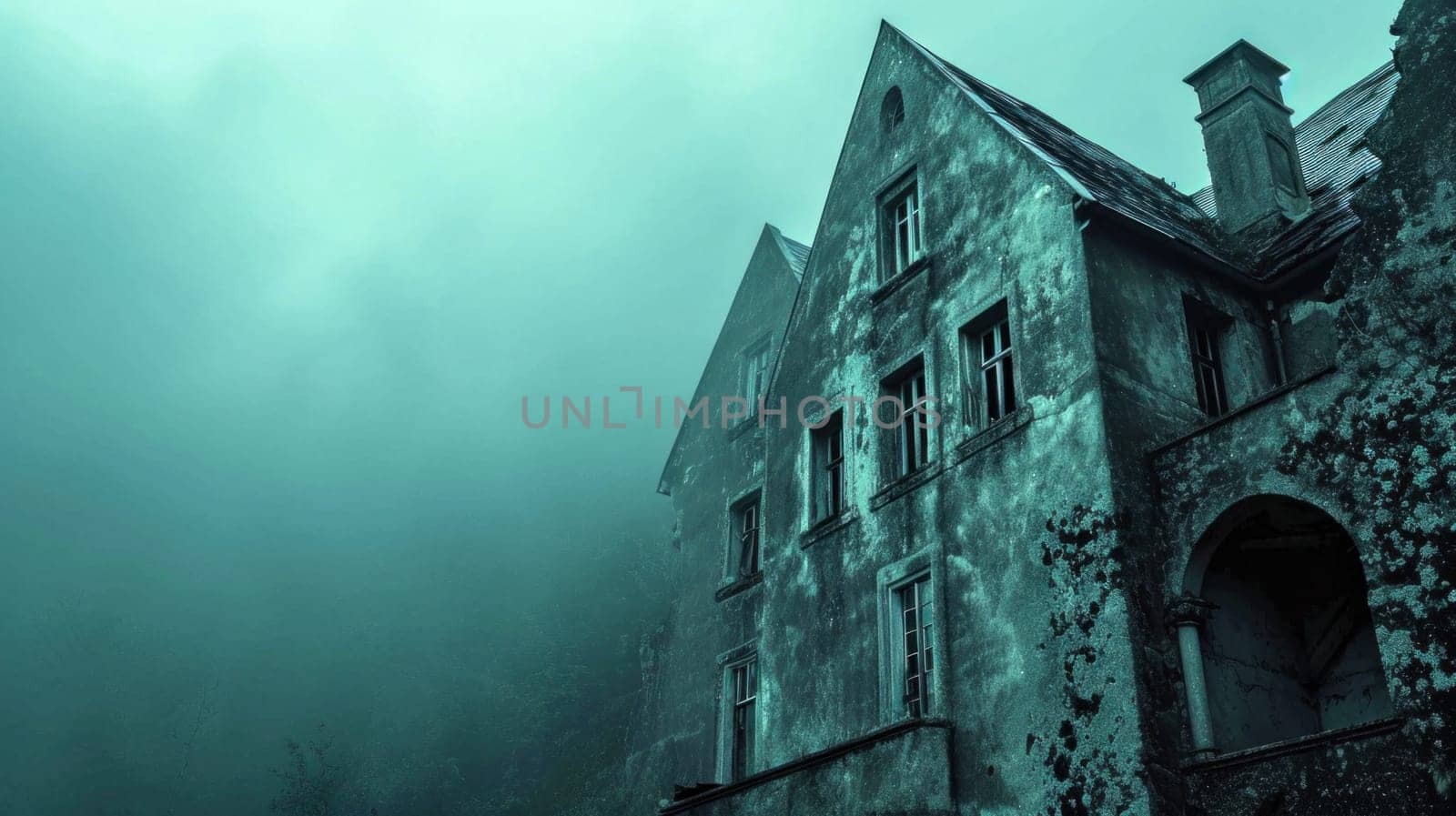 Misty abandoned mansion. Copy space. Created using AI generated technology and image editing software.