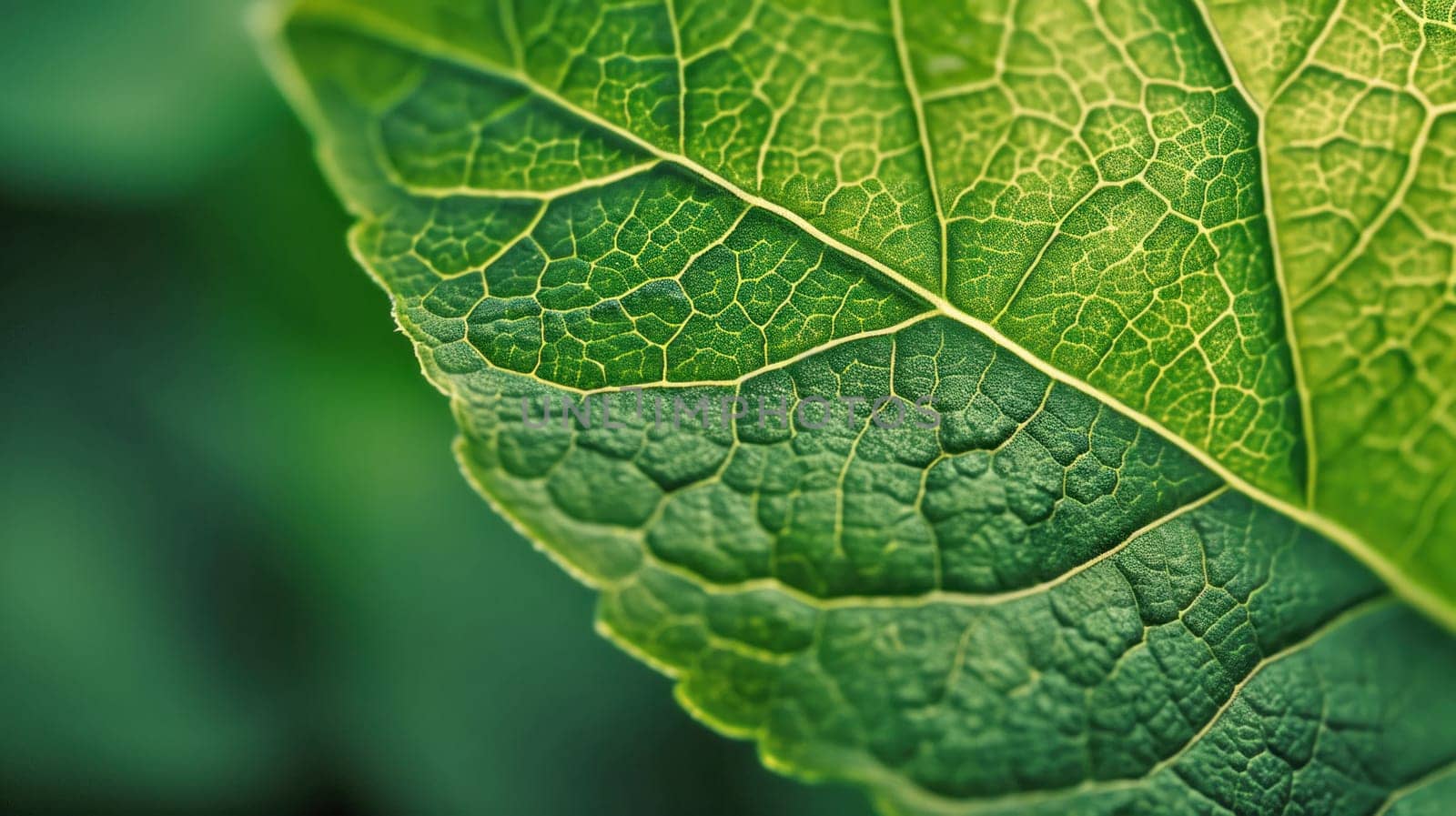Green leaf detail in macro view. Created using AI generated technology and image editing software.