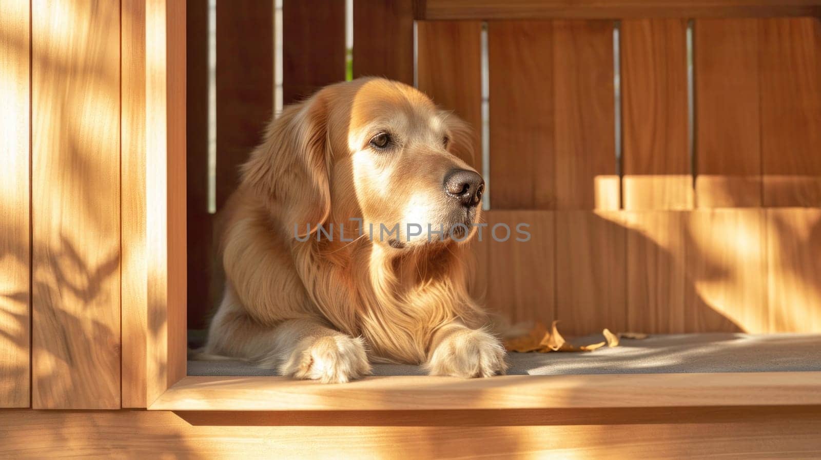 Warm sunshine on resting Golden Retriever. Created using AI generated technology and image editing software.