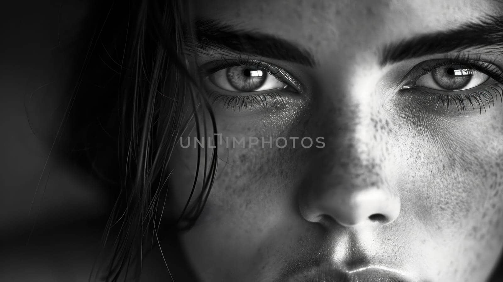 Intense closeup portrait of a woman. Created using AI generated technology and image editing software.