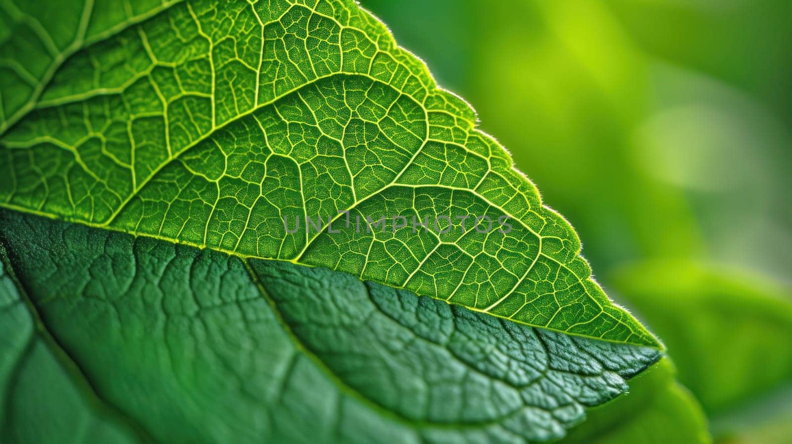 Green leaf detail in macro view. Created using AI generated technology and image editing software.