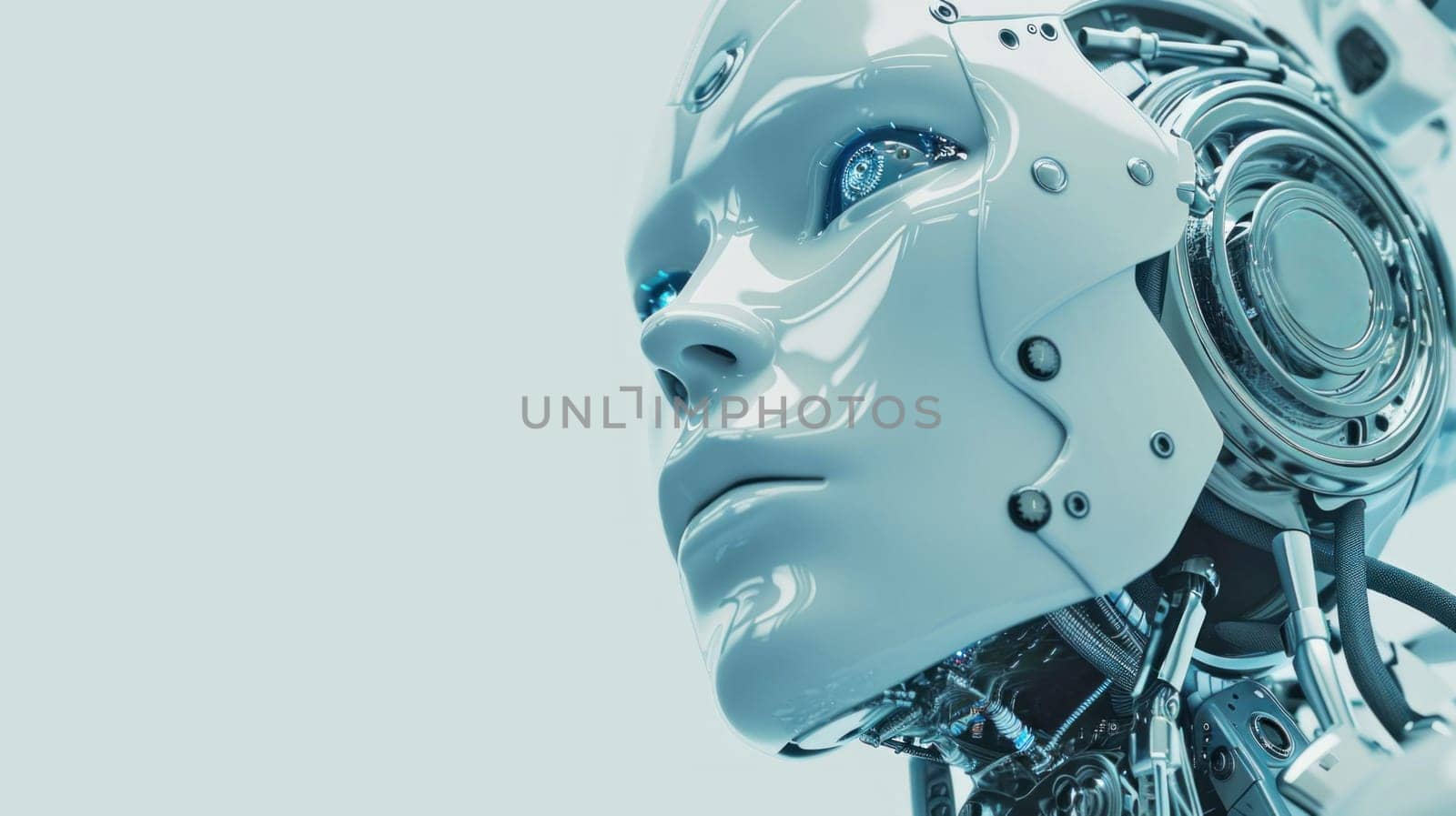 Futuristic robotic face. Copy space. Created using AI generated technology and image editing software.