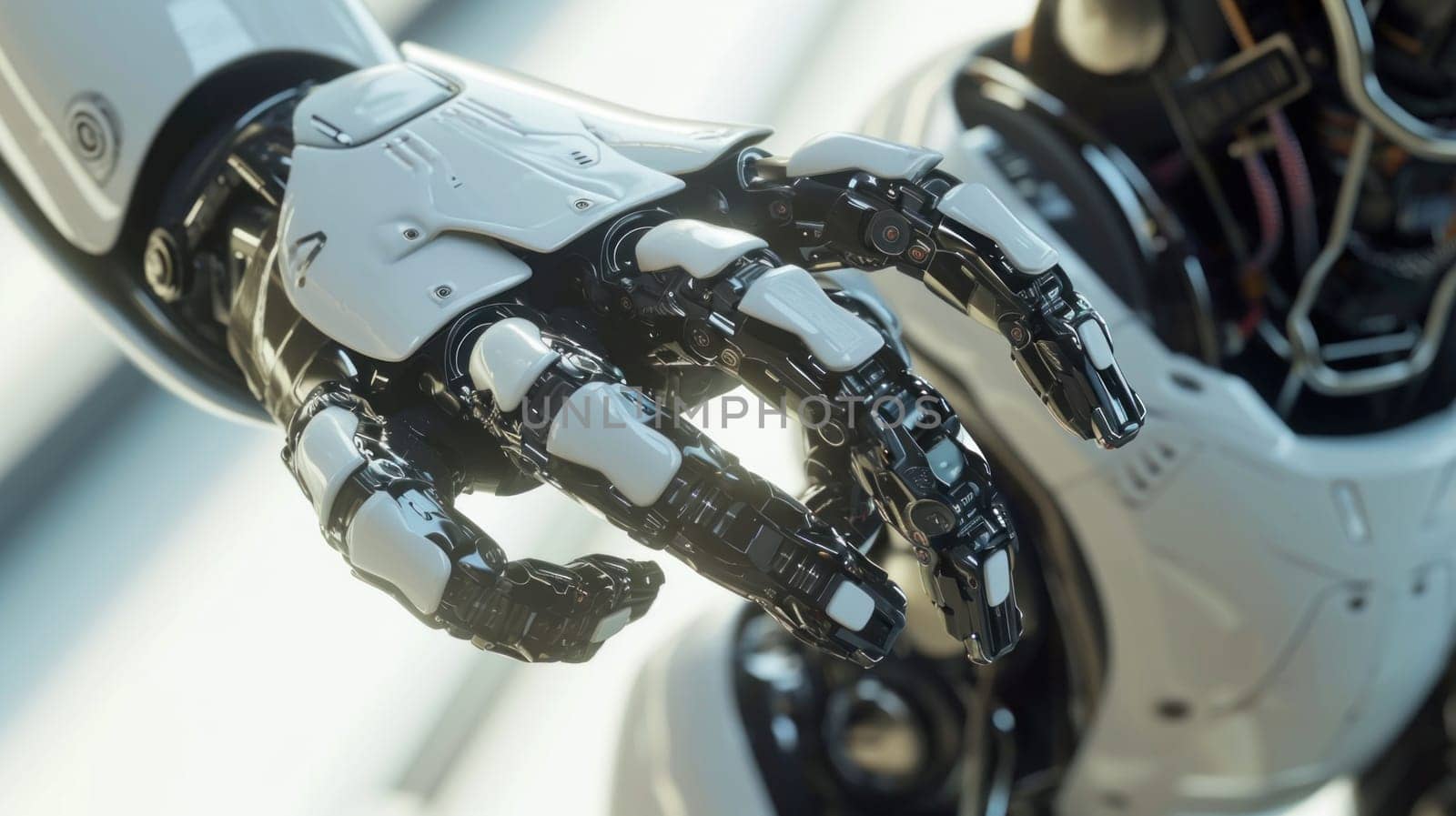 Sleek robotic hand. Created using AI generated technology and image editing software.