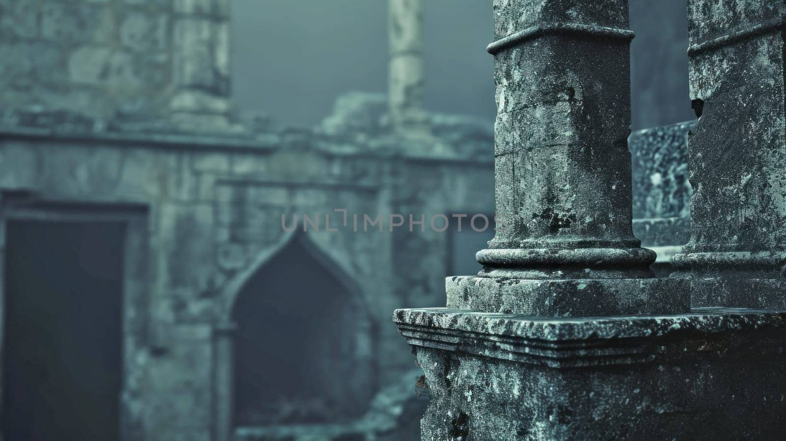 Ancient ruins closeup. Copy space. Created using AI generated technology and image editing software.