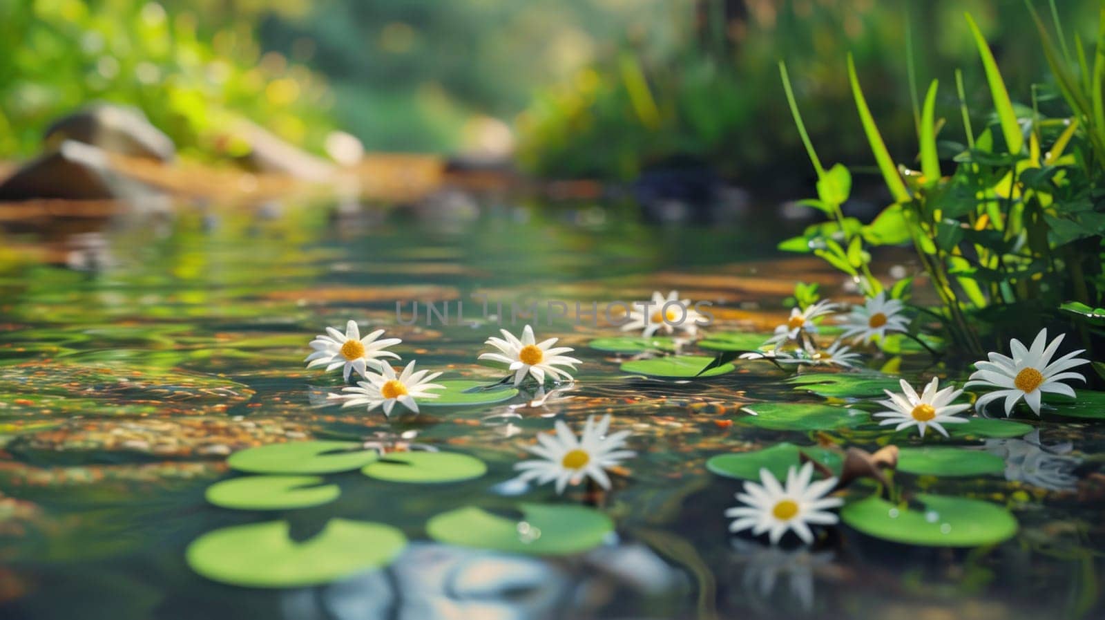 Pond with daisies. Created using AI generated technology and image editing software.