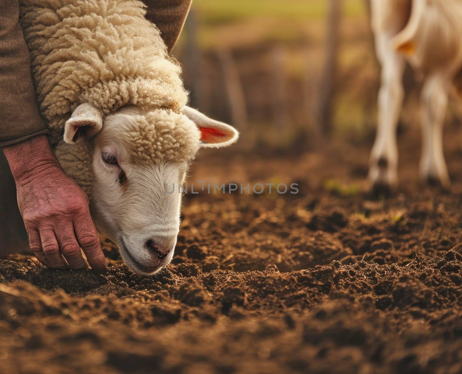 Gentle farm moment with sheep. Copy space. Created using AI generated technology and image editing software.