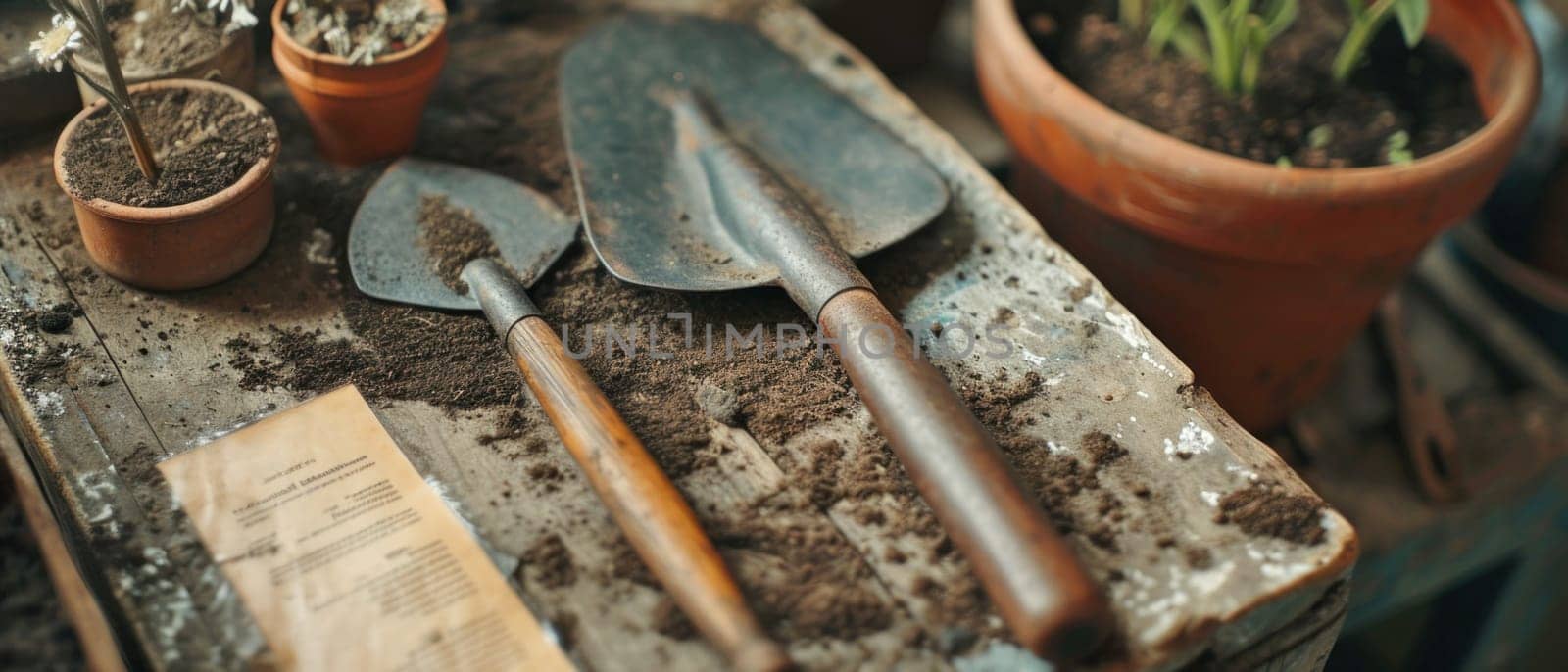 Still life of vintage gardening tools. Created using AI generated technology and image editing software.