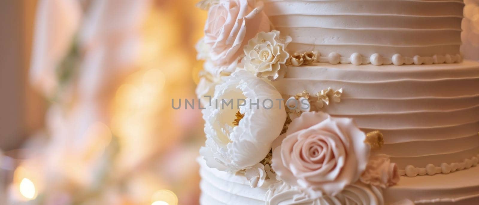 White floral wedding cake. Copy space. Created using AI generated technology and image editing software.
