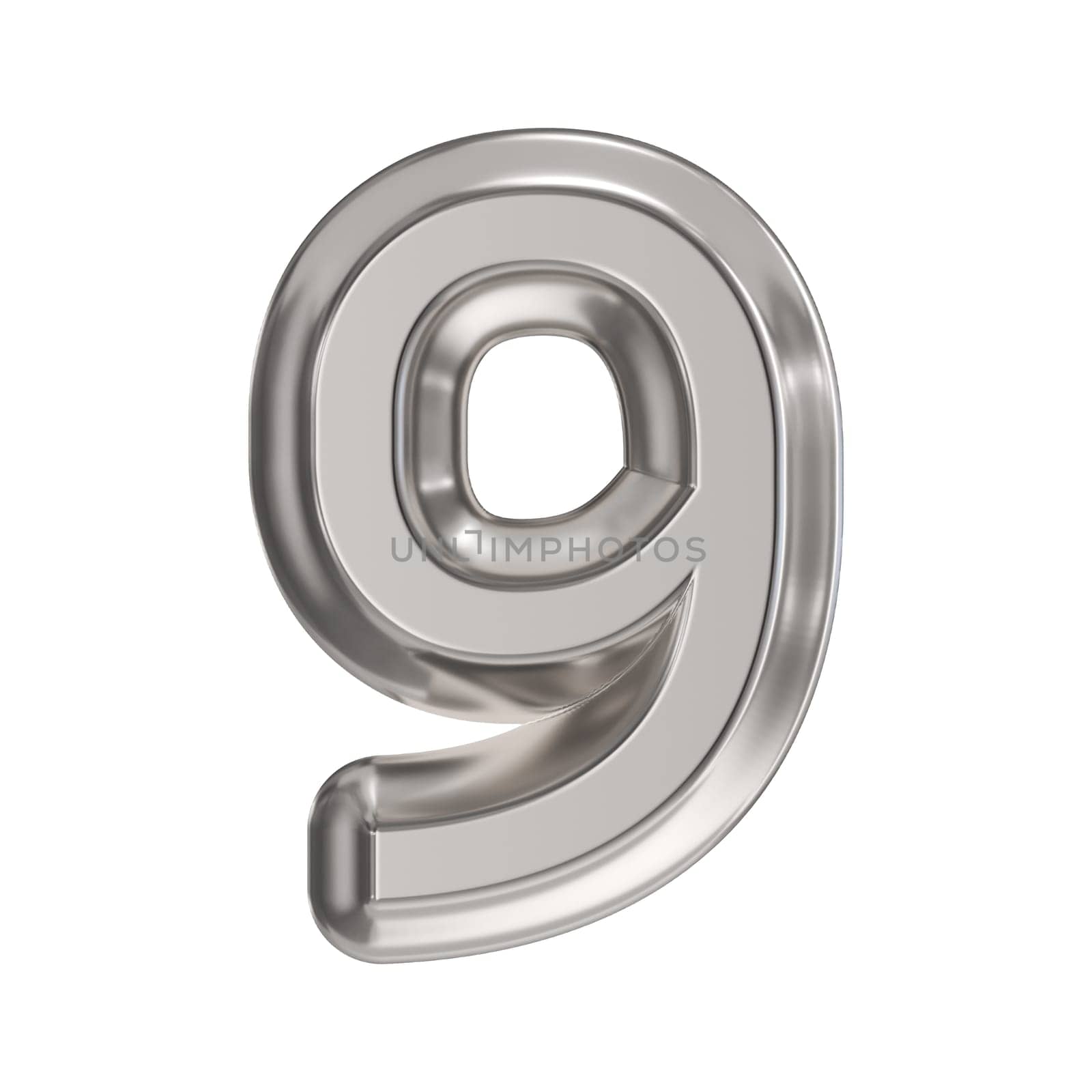 Steel font Number 9 NINE 3D rendering illustration isolated on white background