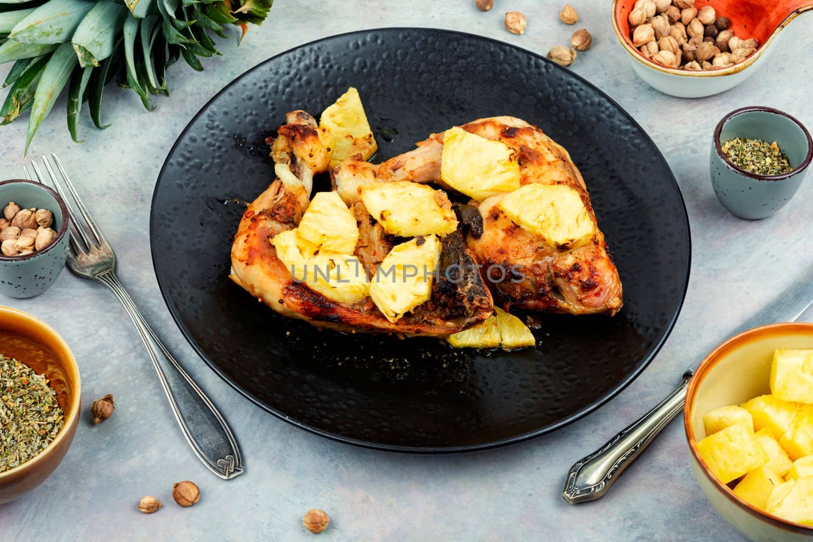 Tasty chicken legs fried with pineapple slices. Barbecue chicken meat on a plate.