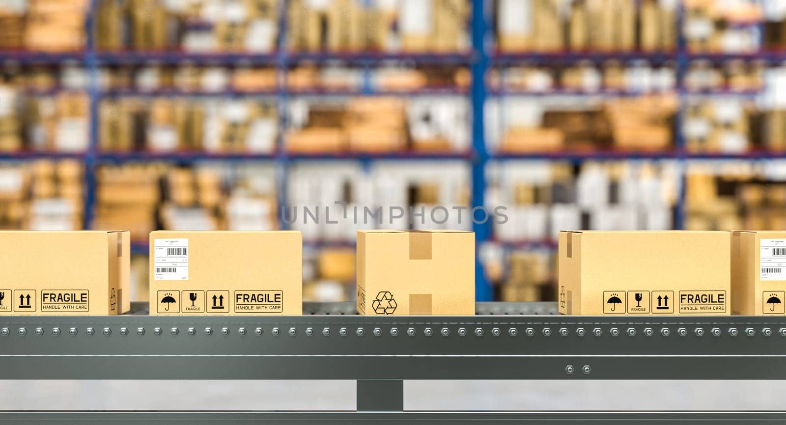 conveyor belt with parcels in a warehouse. 3d render