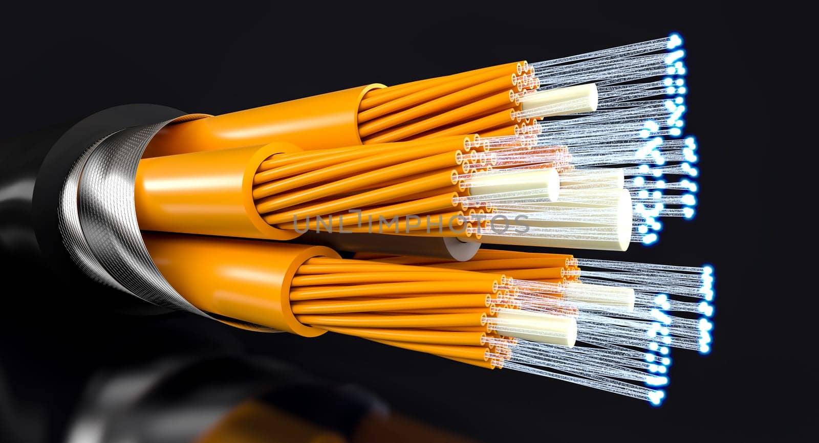 orange fibre optic cable detail on black background. 3d render