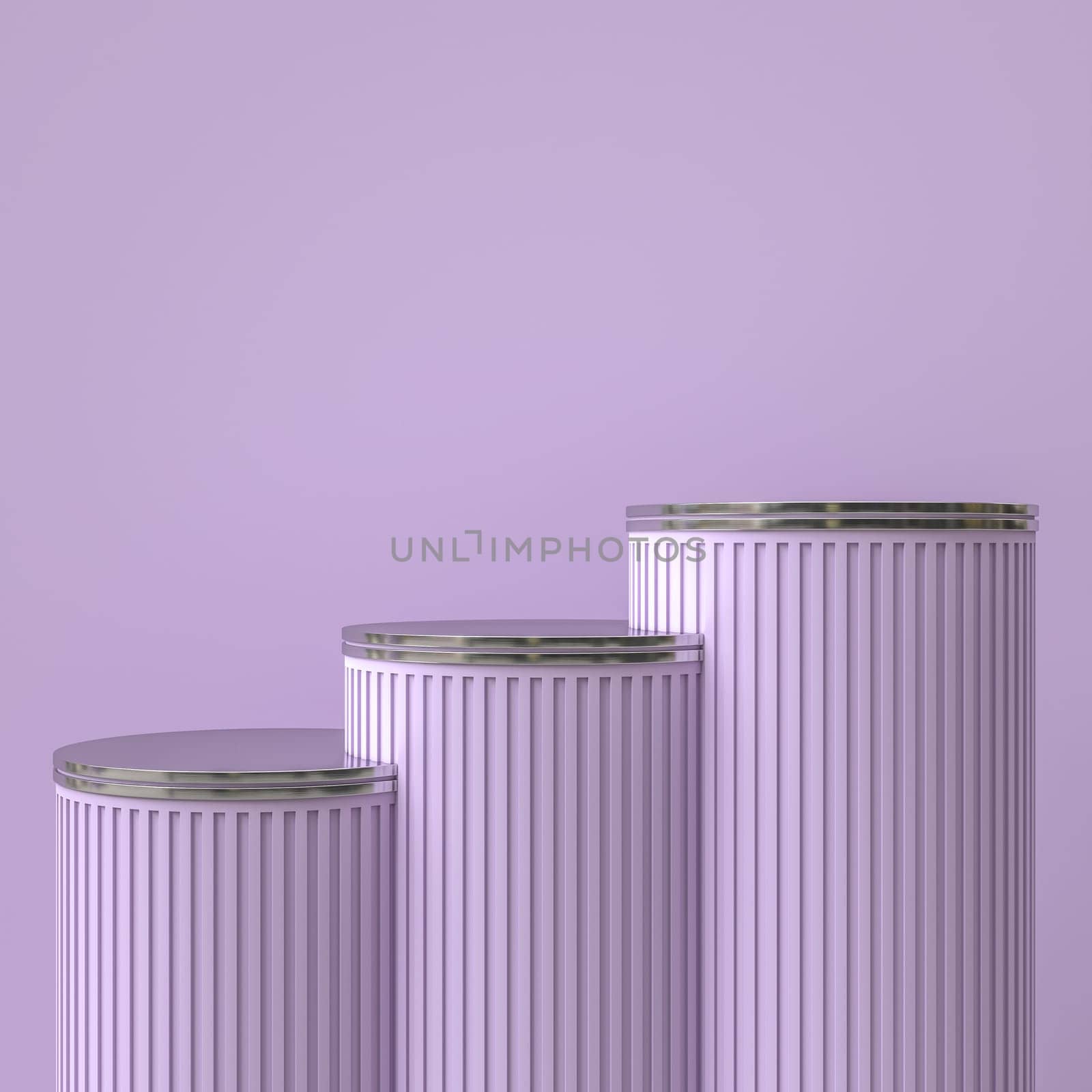 Cylindrical column-shaped lilac podiums with metal top. 3d render background