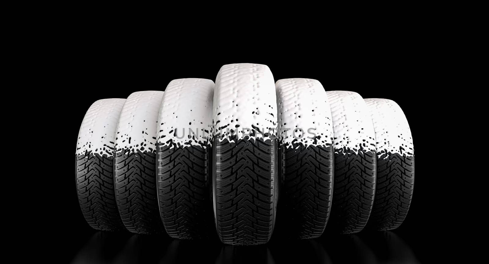 snow-covered winter tyres on a black background. 3d render