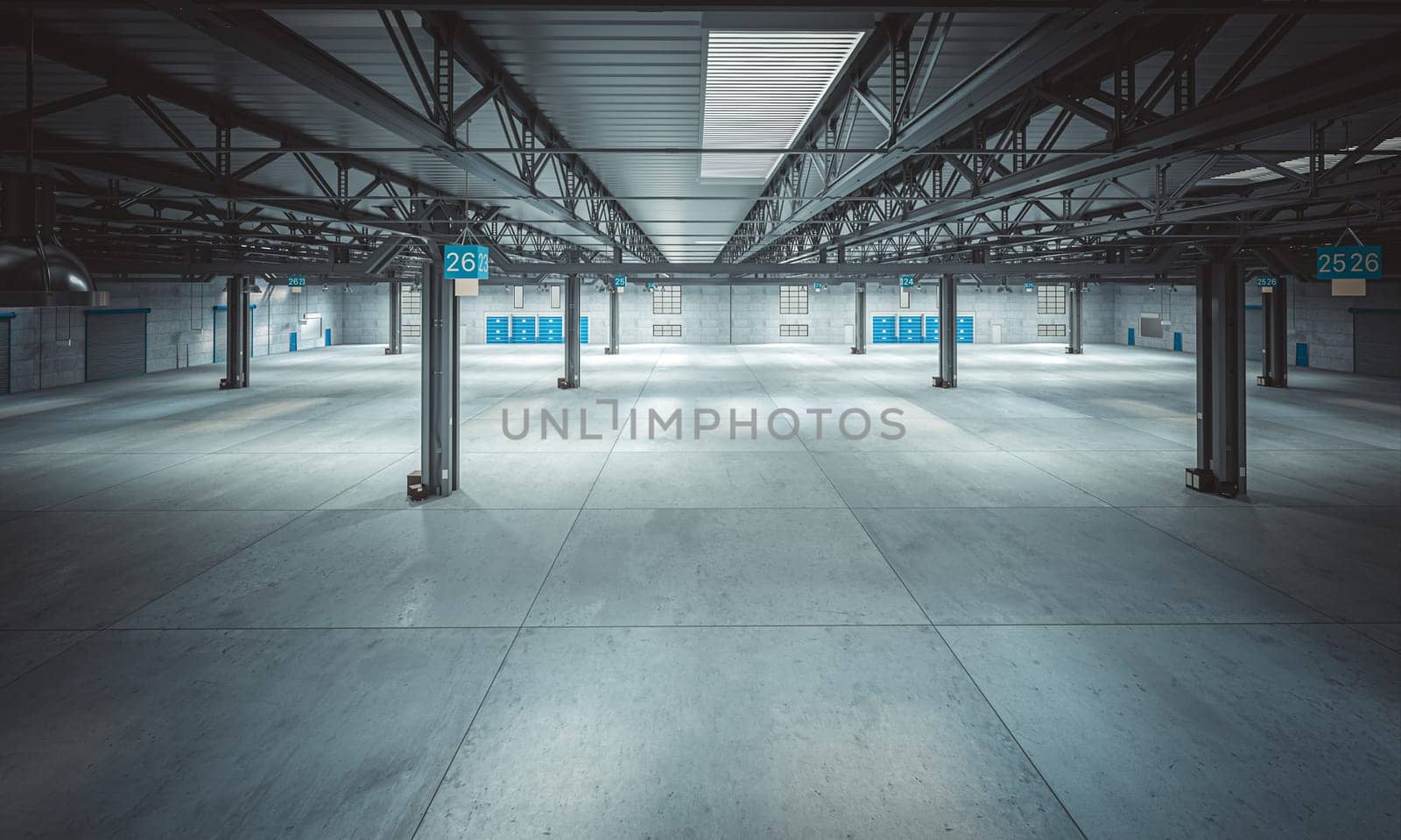 inside a large empty warehouse with a concrete floor. 3d render