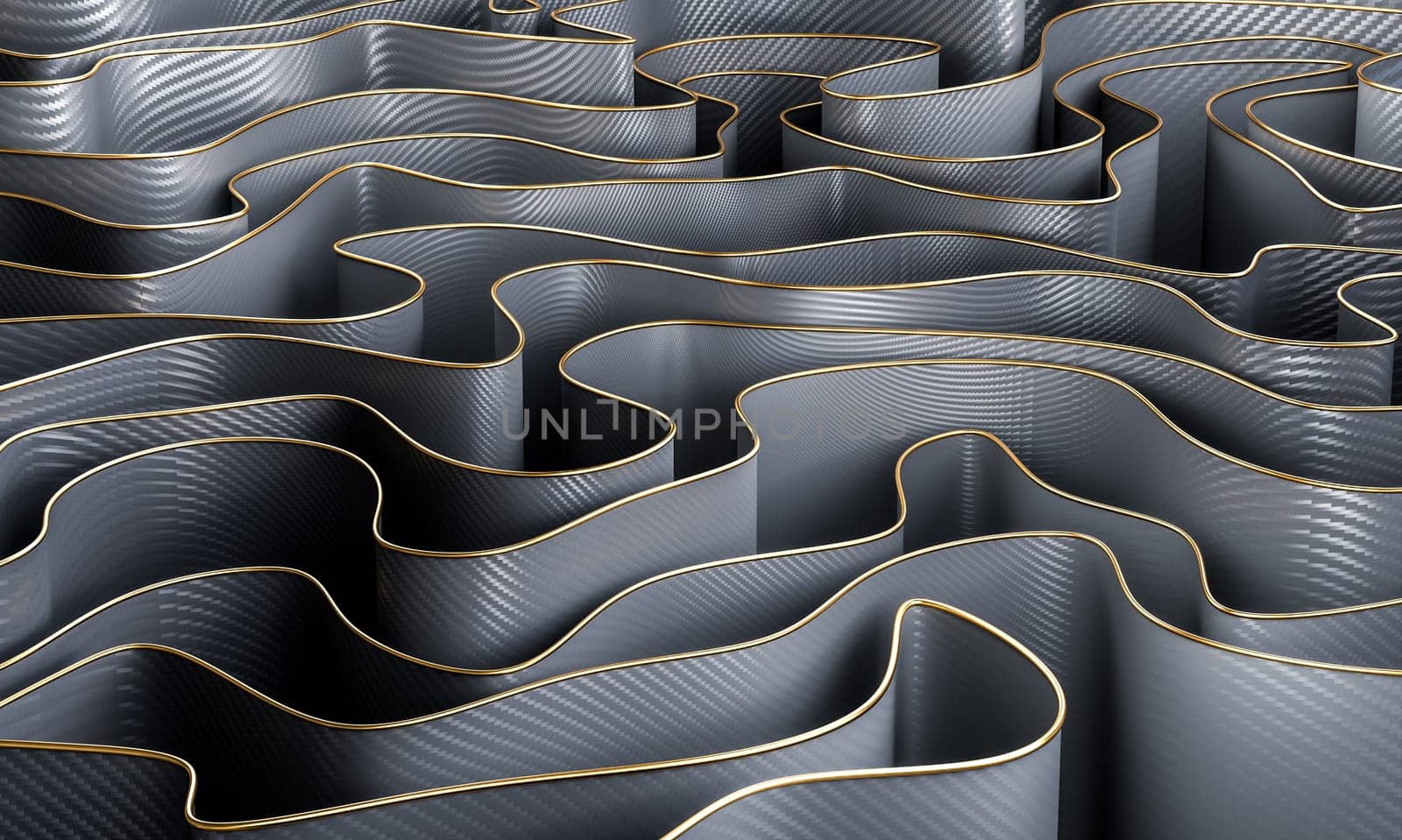abstract background of corrugated carbon fibre sheets with gold profile. 3d render