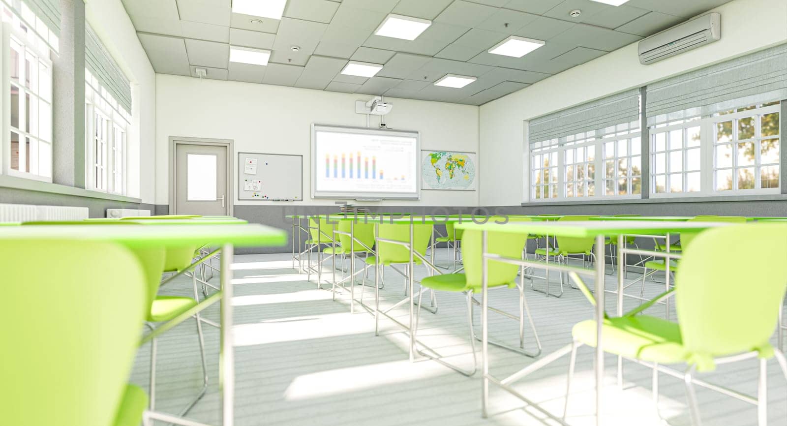 modern interior of a school classroom with green elements. 3d render