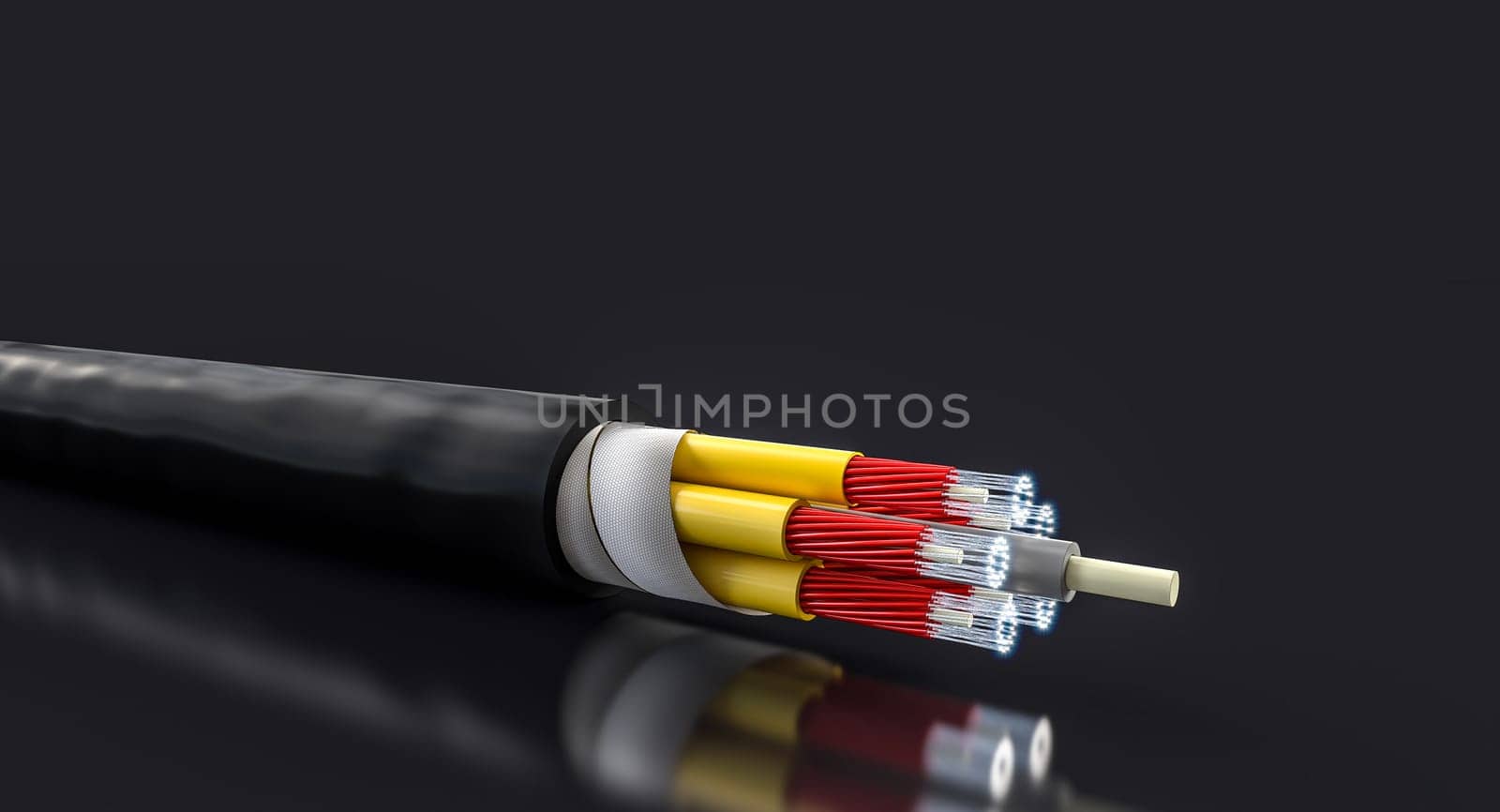 fibre optic cable, fast internet connection on black background.3d render