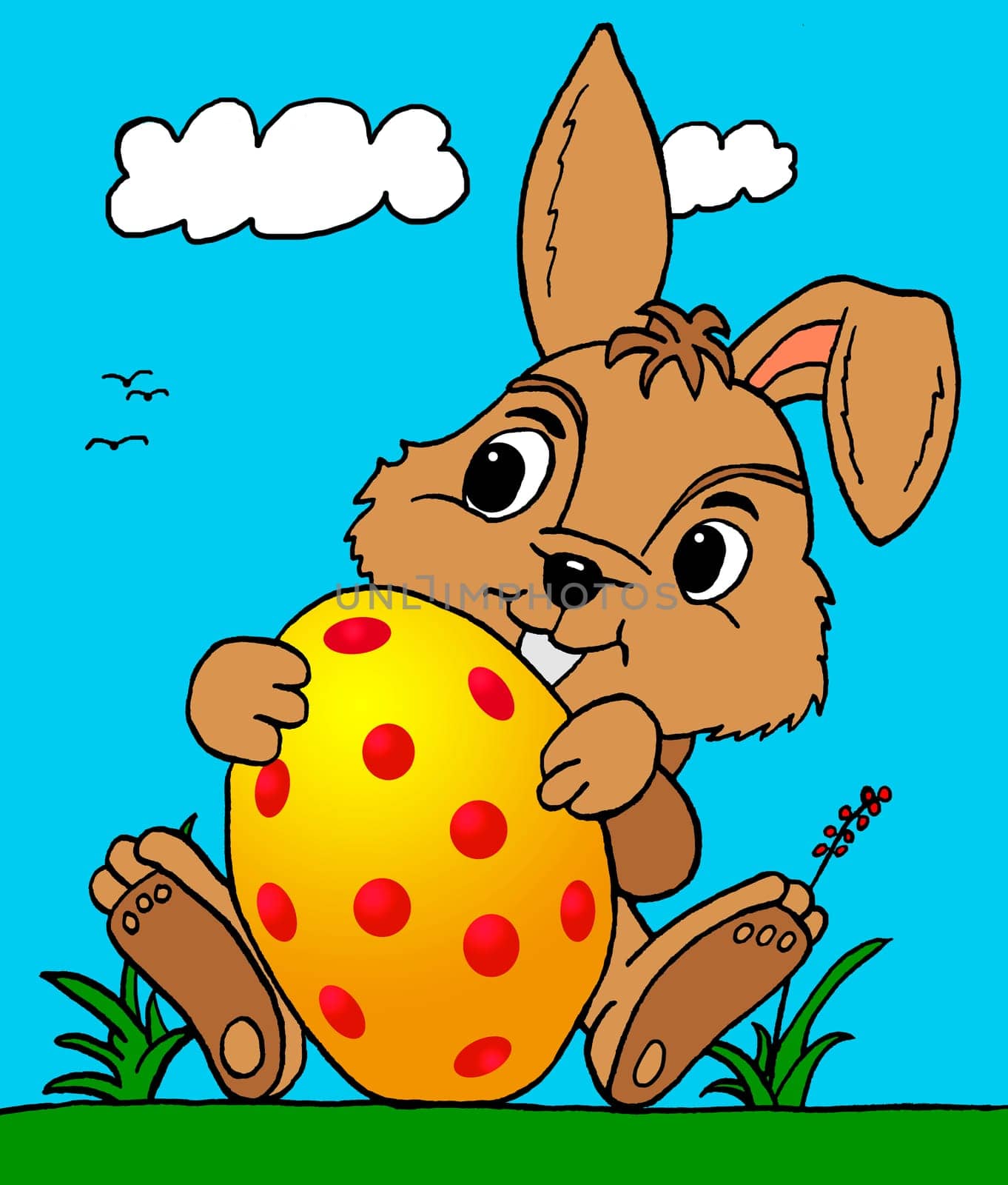 Little cute sitting Easter bunny with dotted Easter egg drawn in pen and ink in front of a drawn landscape.