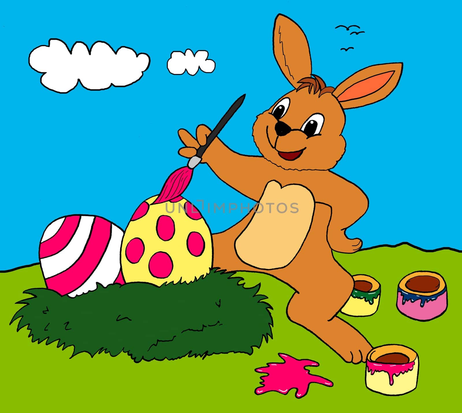Scanned pen and ink drawing of a happily painting Easter bunny with a brush and pots of paint and Easter eggs in the nest on a green meadow in front of a blue sky with white clouds. ?