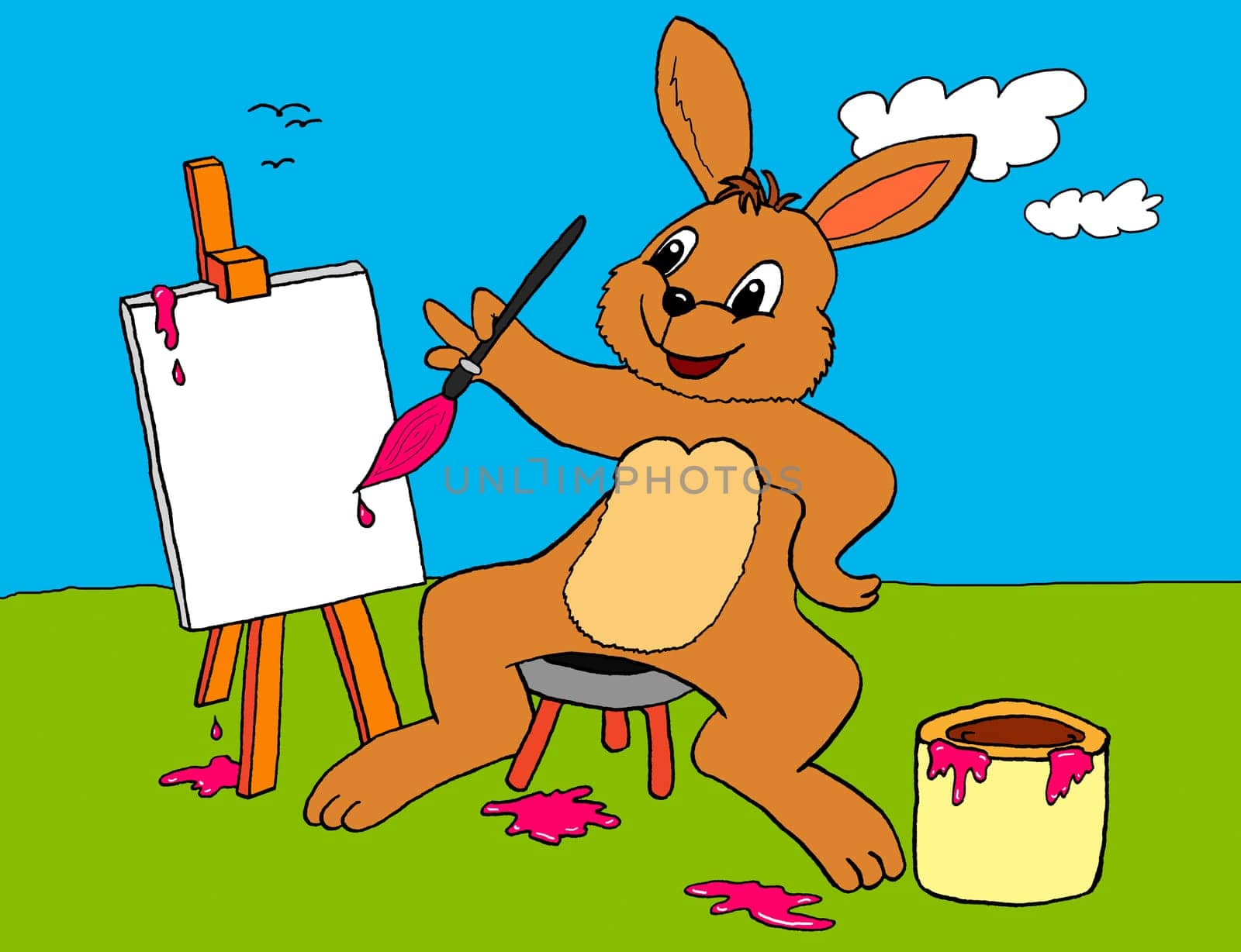 Scanned pen and ink drawing of a happily painting Easter bunny with an easel, brush and paint pot on a green meadow in front of a blue sky with white clouds.