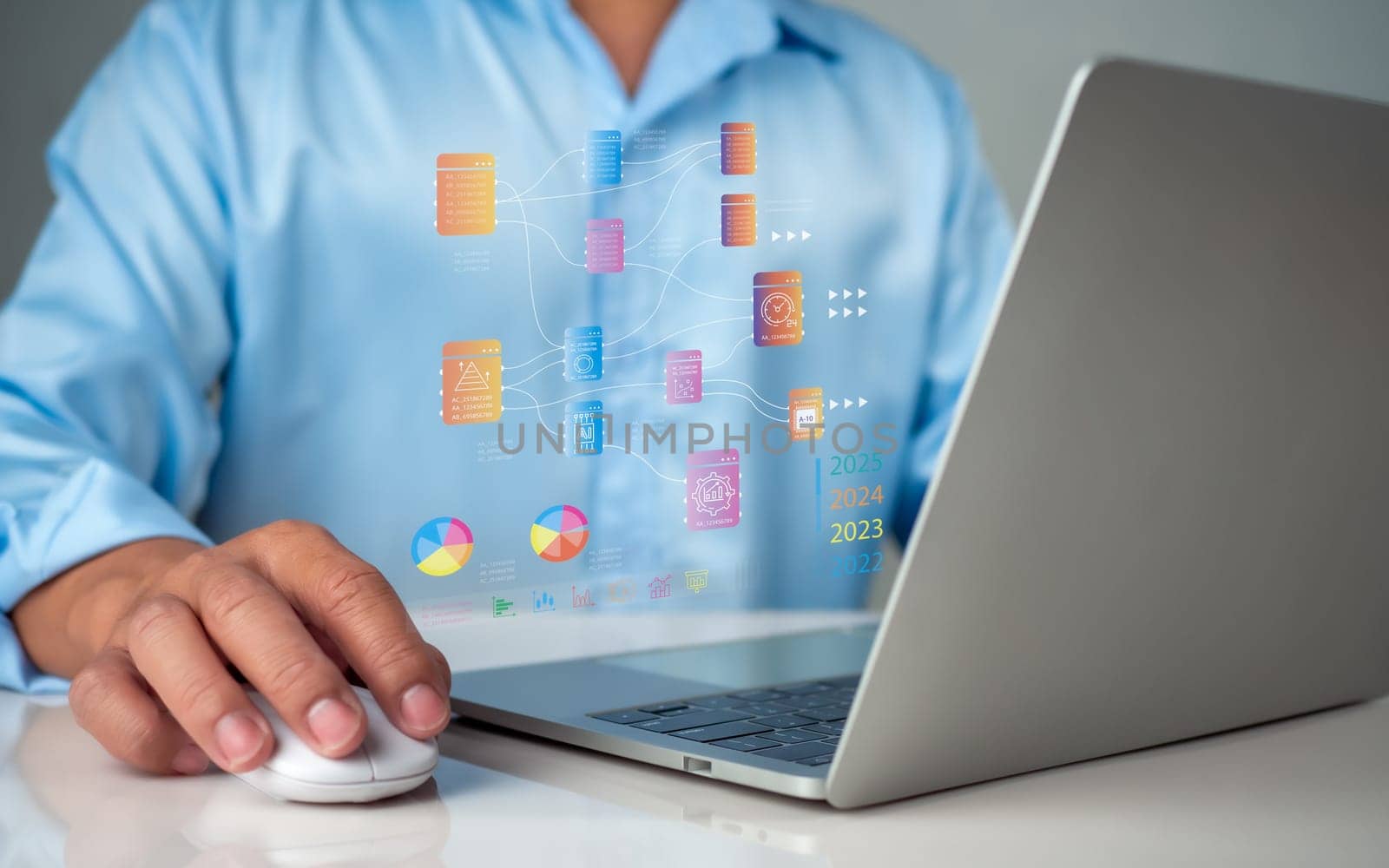 Business people use computers to analyze business and manage corporate data, business analytics with charts, metrics and KPIs to improve organizational performance, marketing, financial organization strategy.
