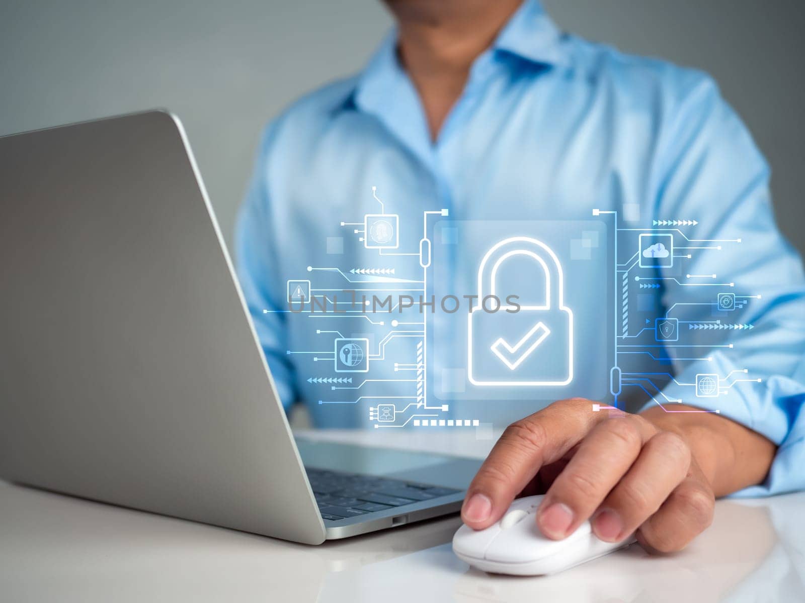 Businessman using computer secure encryption technology, cybersecurity privacy of data protection, security Internet access, security encryption of user private data, business confidentiality.
