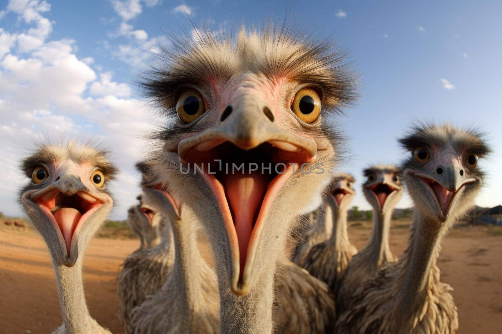 Extraordinary Ostrich selfie funny head. Nature eye bird. Generate Ai