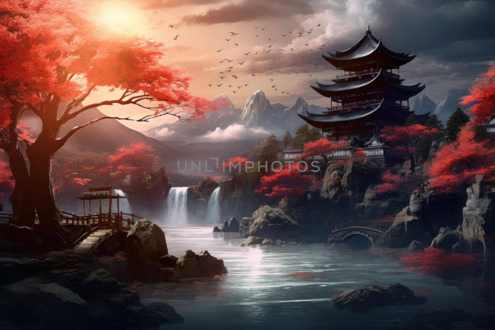 Serene Oriental lanscape. Japan art sky. Generate Ai