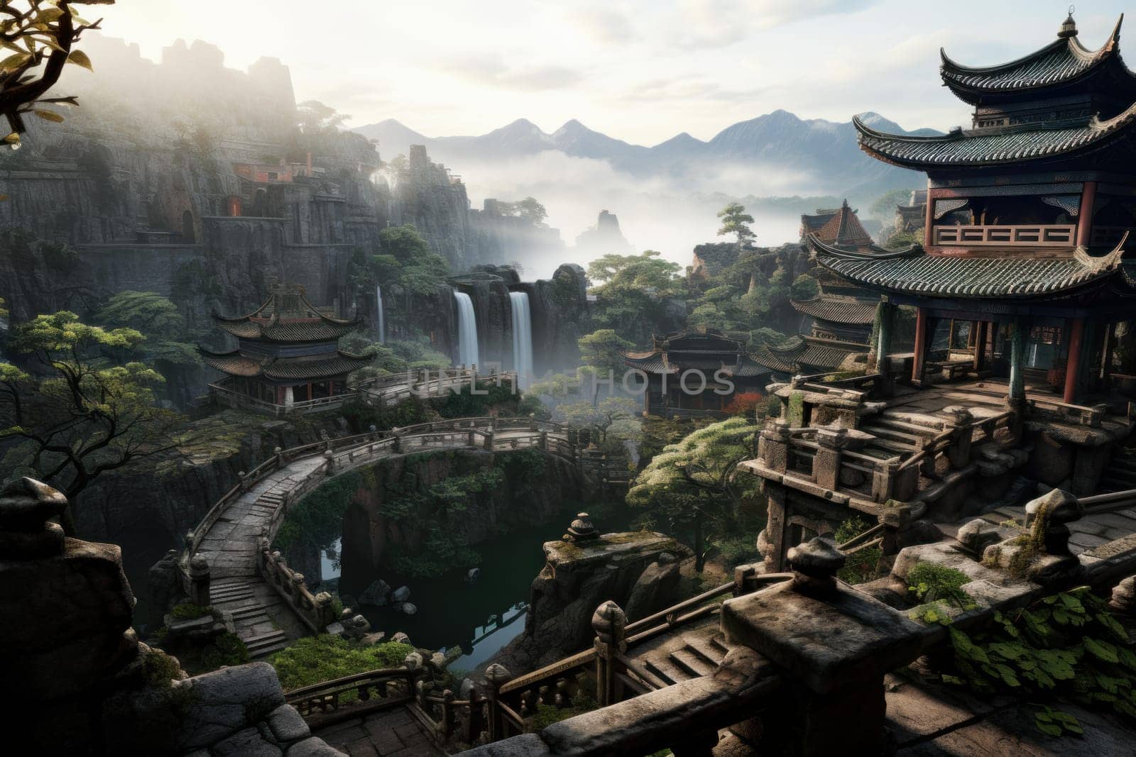 Expansive Outdoor china ancient city. Old architecture. Generate Ai