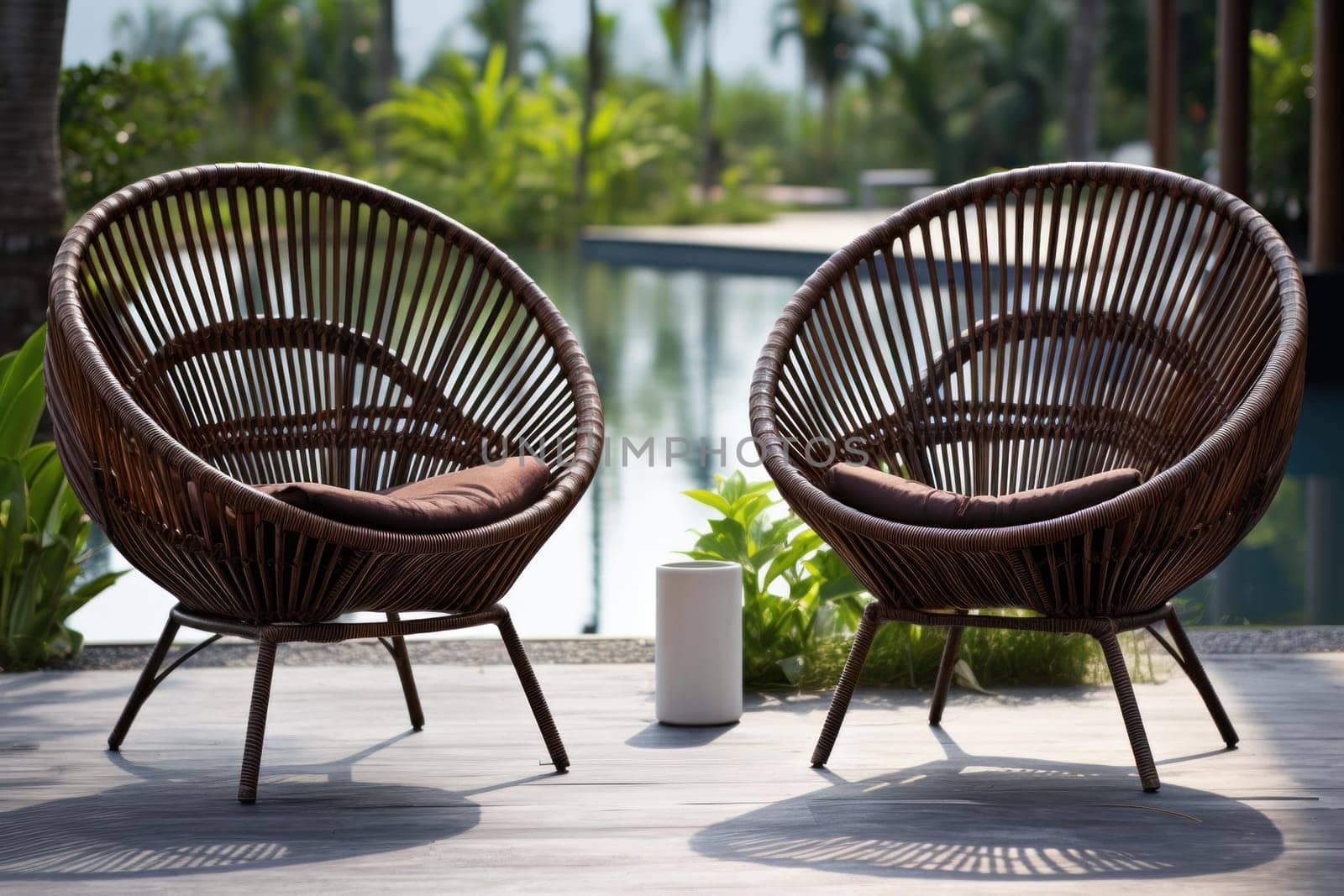 Stylish Outdoor rattan chairs. Terrace sofa. Generate Ai
