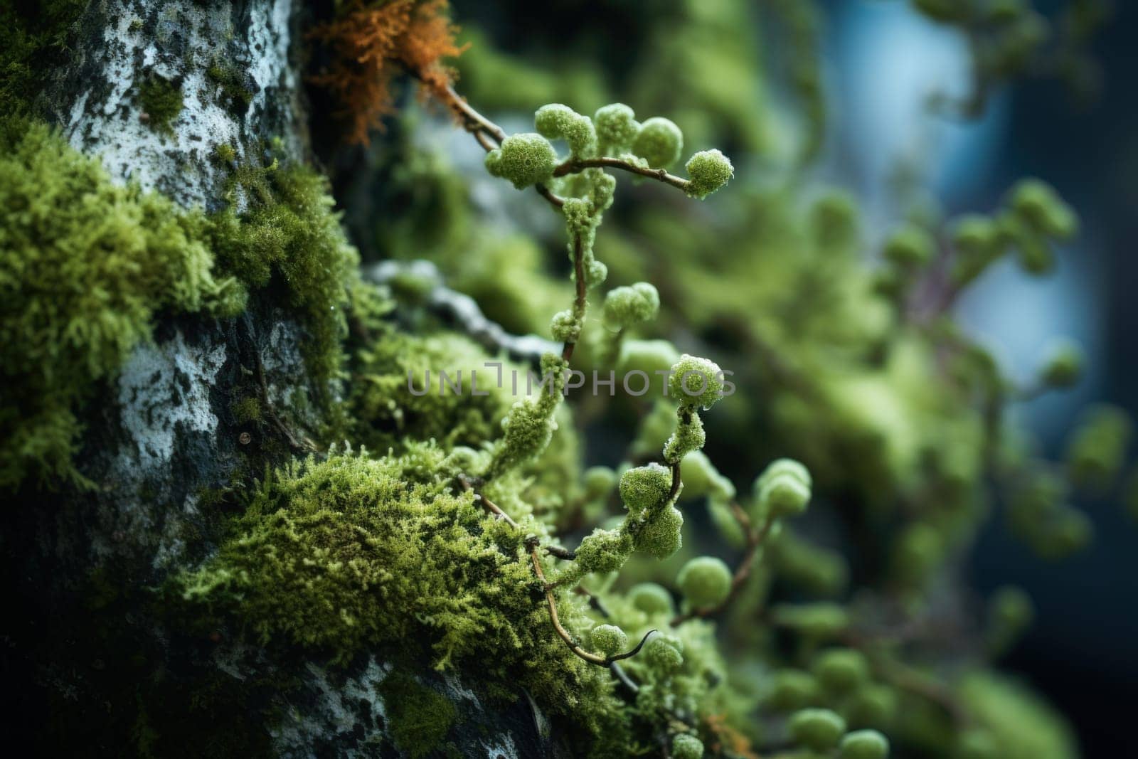 Ancient Overgrown lichen stone. Wall plant. Generate Ai