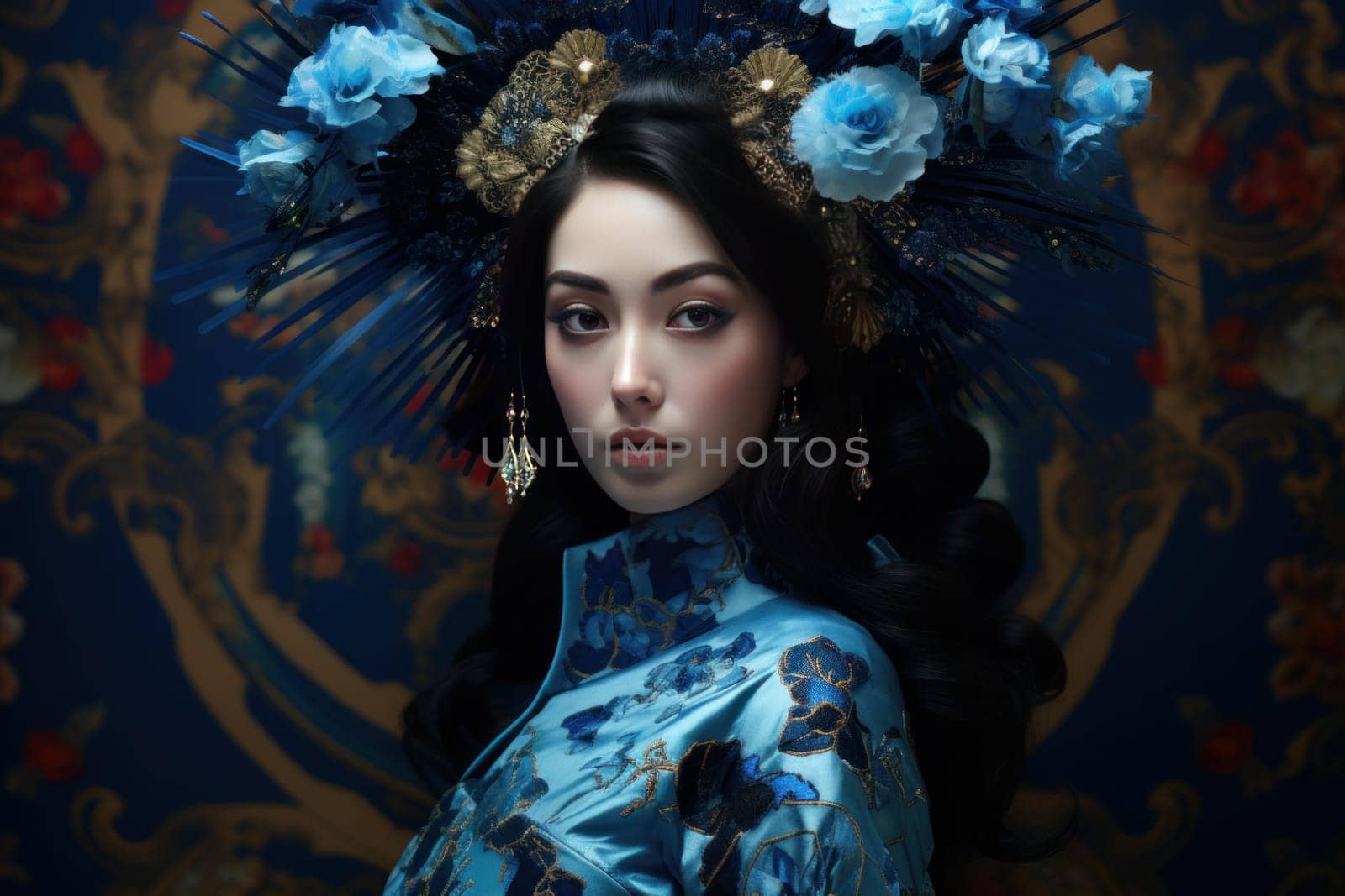 Unique Asian woman blue ceramic wall. Design pot. Generate Ai