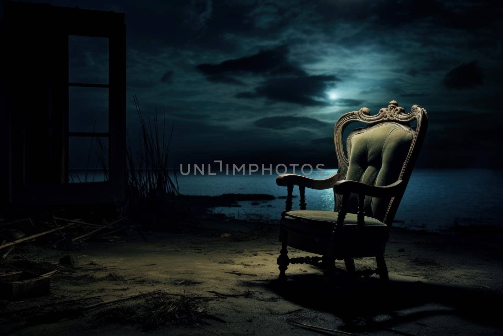 Serene Chair in dark room near window with overlooking garden. Vintage armchair with colorful plaid with nature oversight. Generate ai