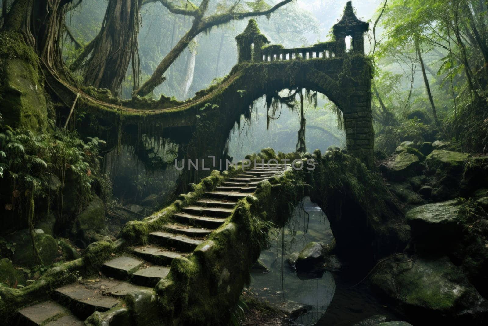 Serene Oriental forest bridge. Oriental architecture. Generate Ai