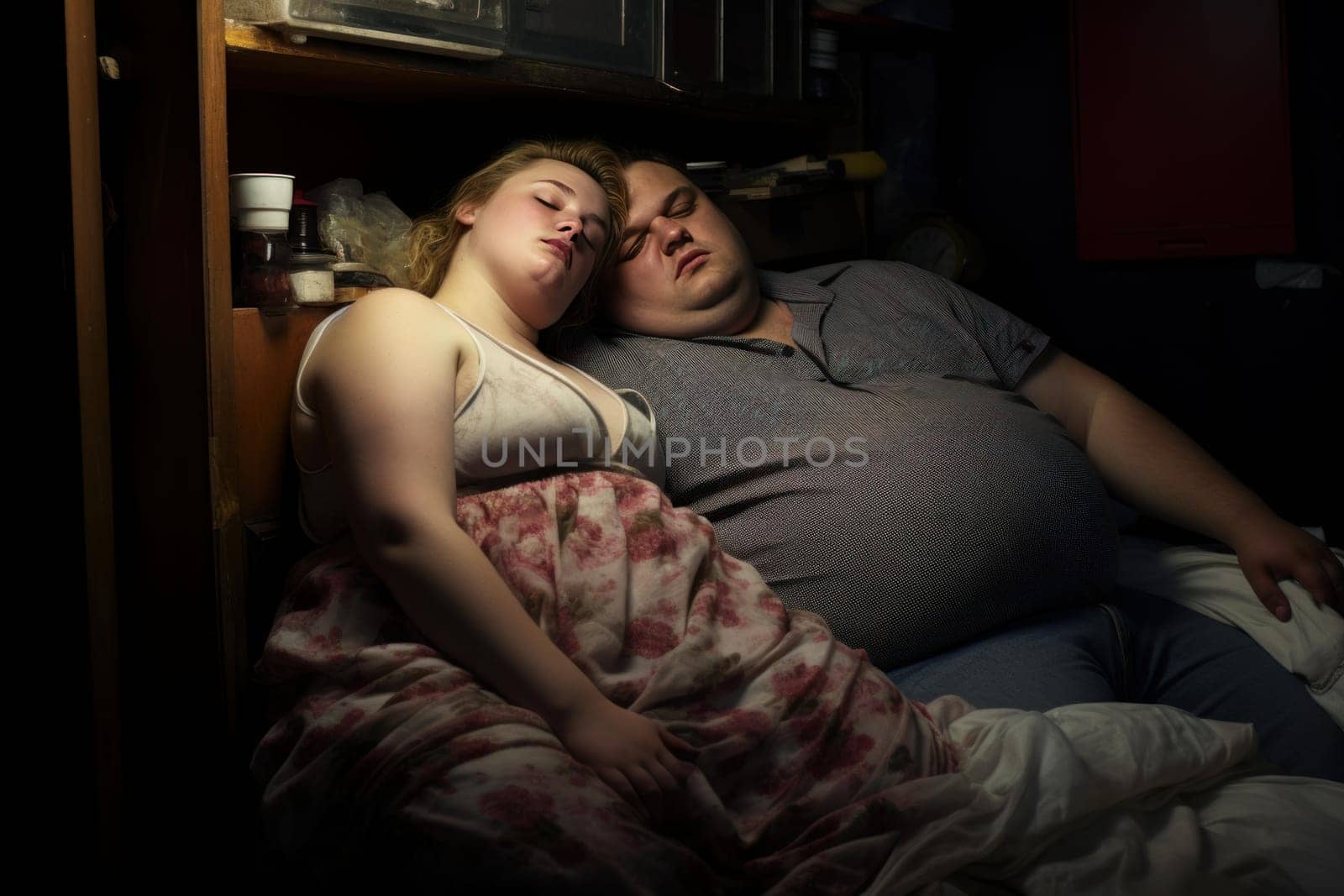 Overweight couple sleeping well. Room person. Generate Ai