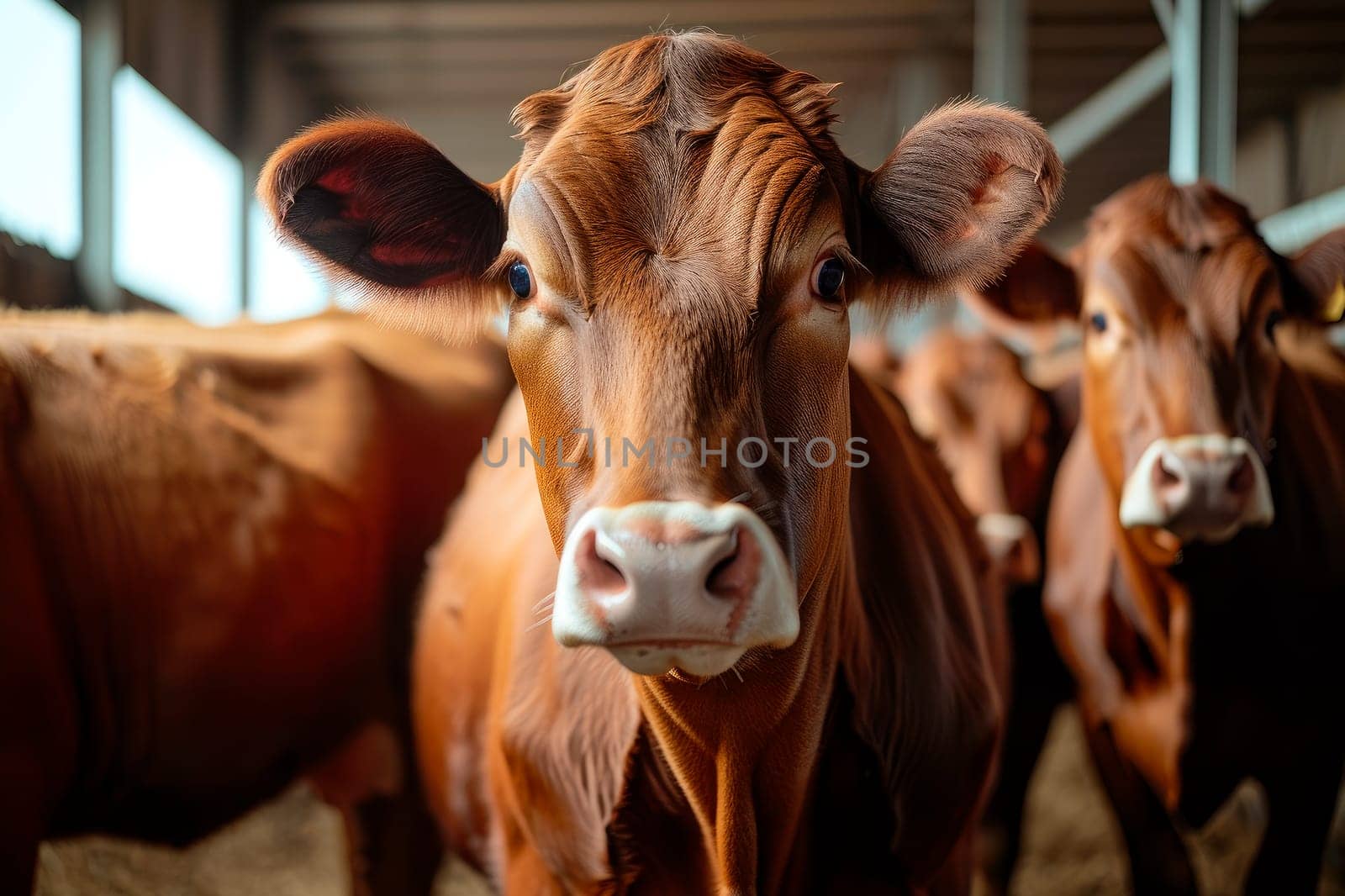 Dairy farm livestock industry. Brown cows stand in a stall. AI generated