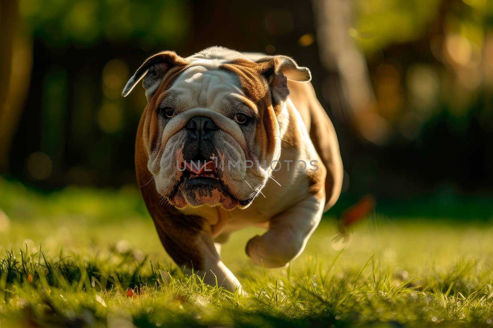 English bulldog running and playing in the woods. AI generated