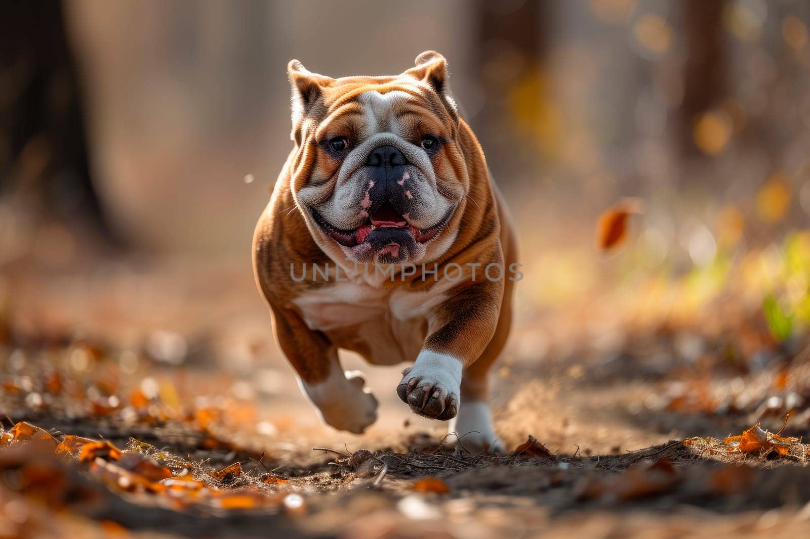 Funny english bulldog running in a park. AI generated