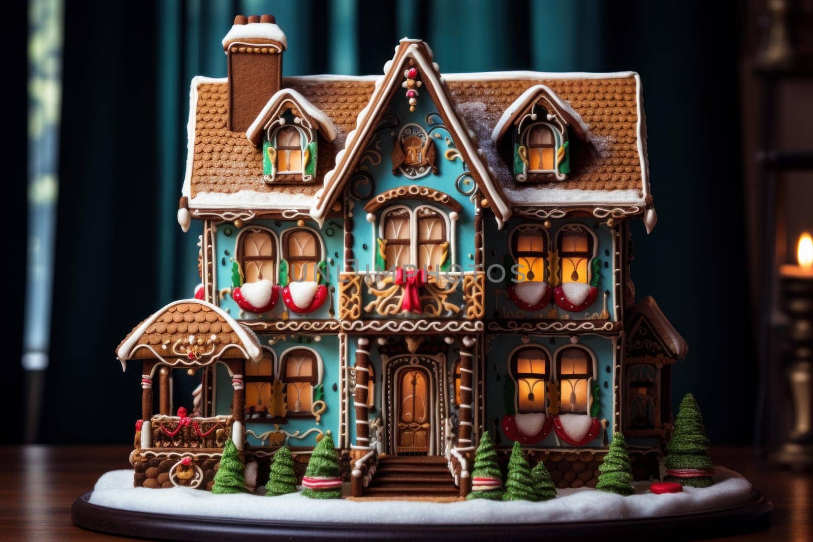 Gingerbread winter snow house at sunset. Fantasy New Year holiday. Generate Ai
